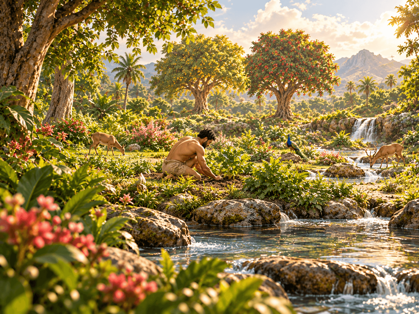 A painting of Adam in the garden of Eden