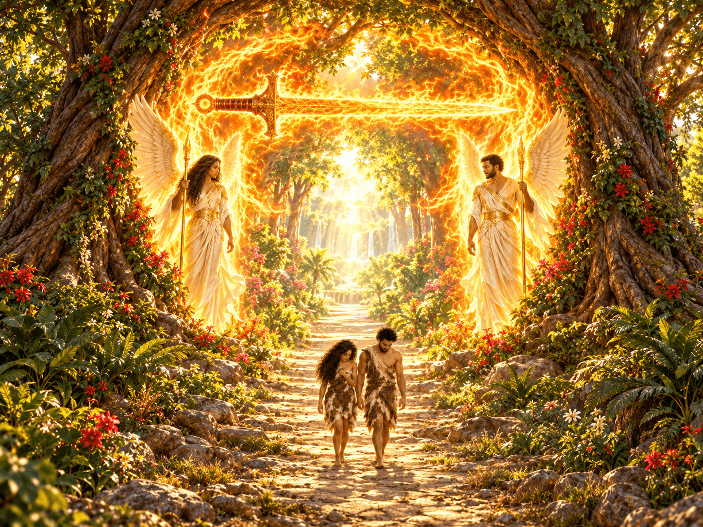 A painting of Adam and Eve sent out of the garden of Eden