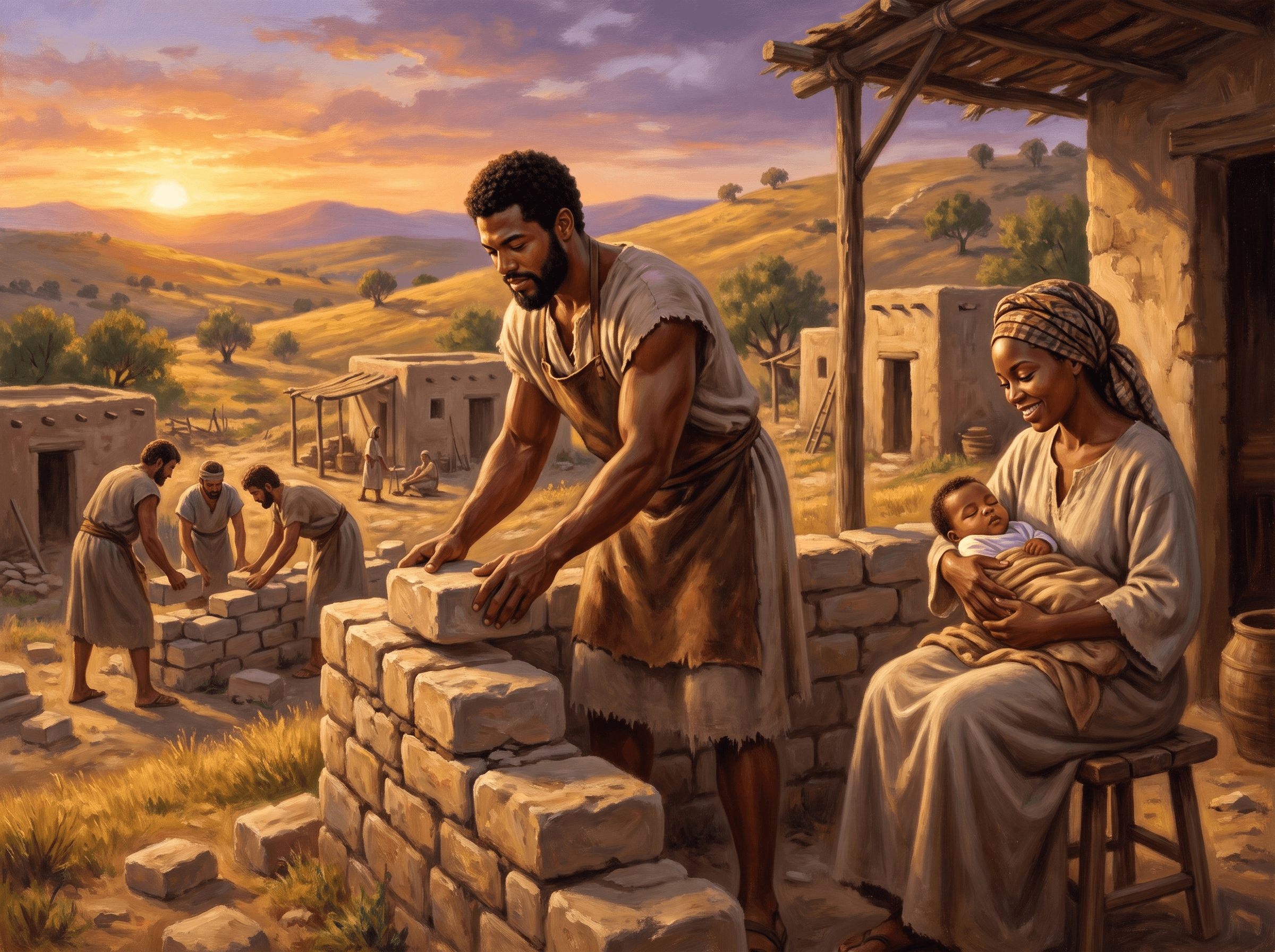 A painting of Cain laying stones for the city at sunset, as his wife sits nearby holding their baby son Enoch and other men build walls and houses behind them