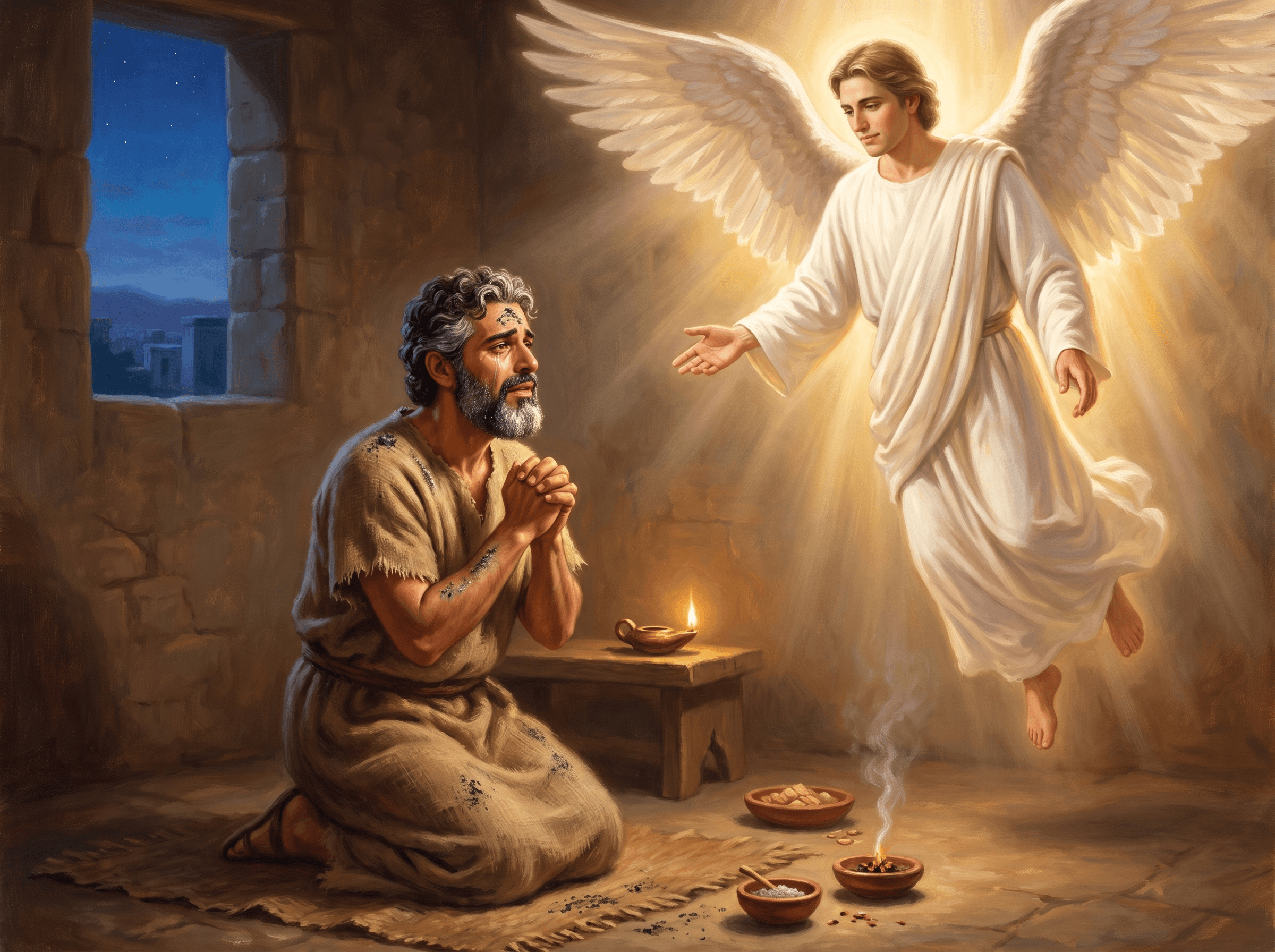 A painting of Daniel kneeling in prayer in sackcloth and ashes beside a lamp as the angel Gabriel comes to him