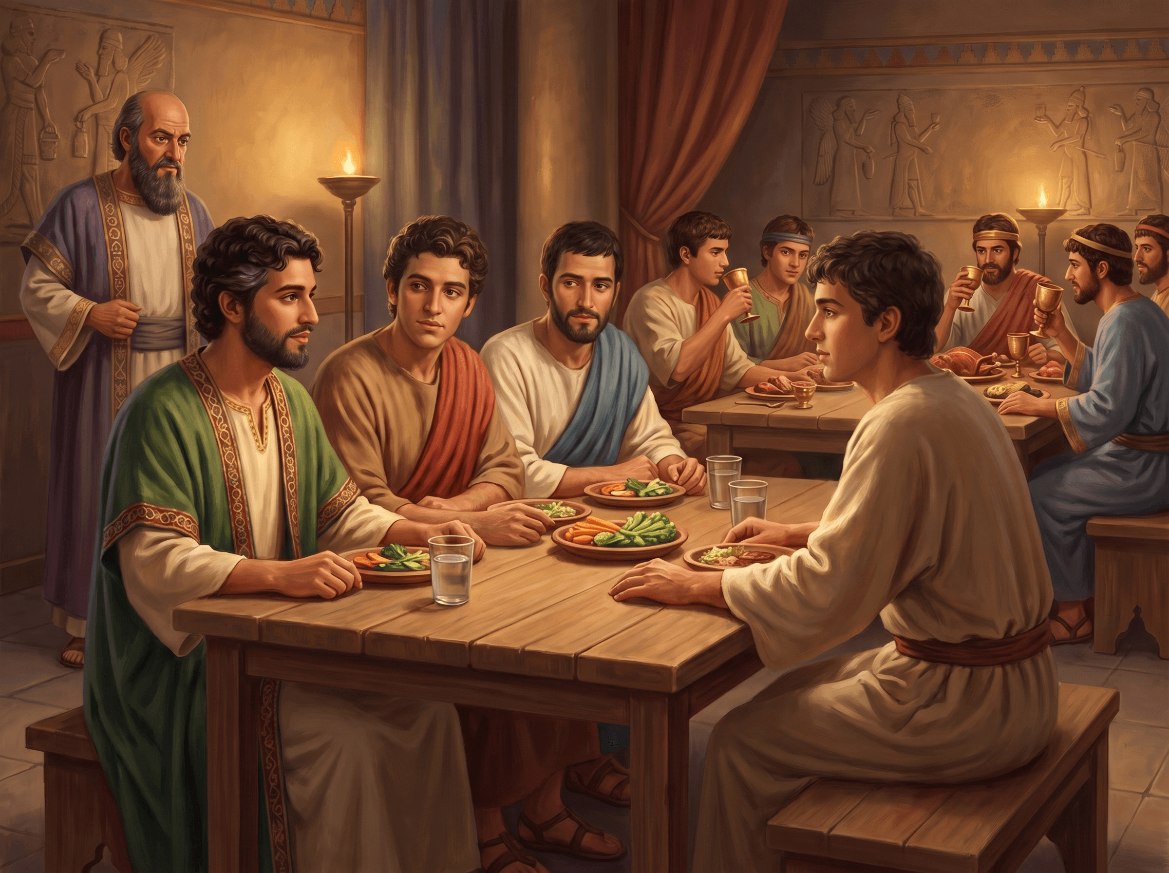 A painting of Daniel and his three friends eating vegetables and drinking water in a Babylonian hall, while other young men eat the king's food and drink wine and the steward looks on