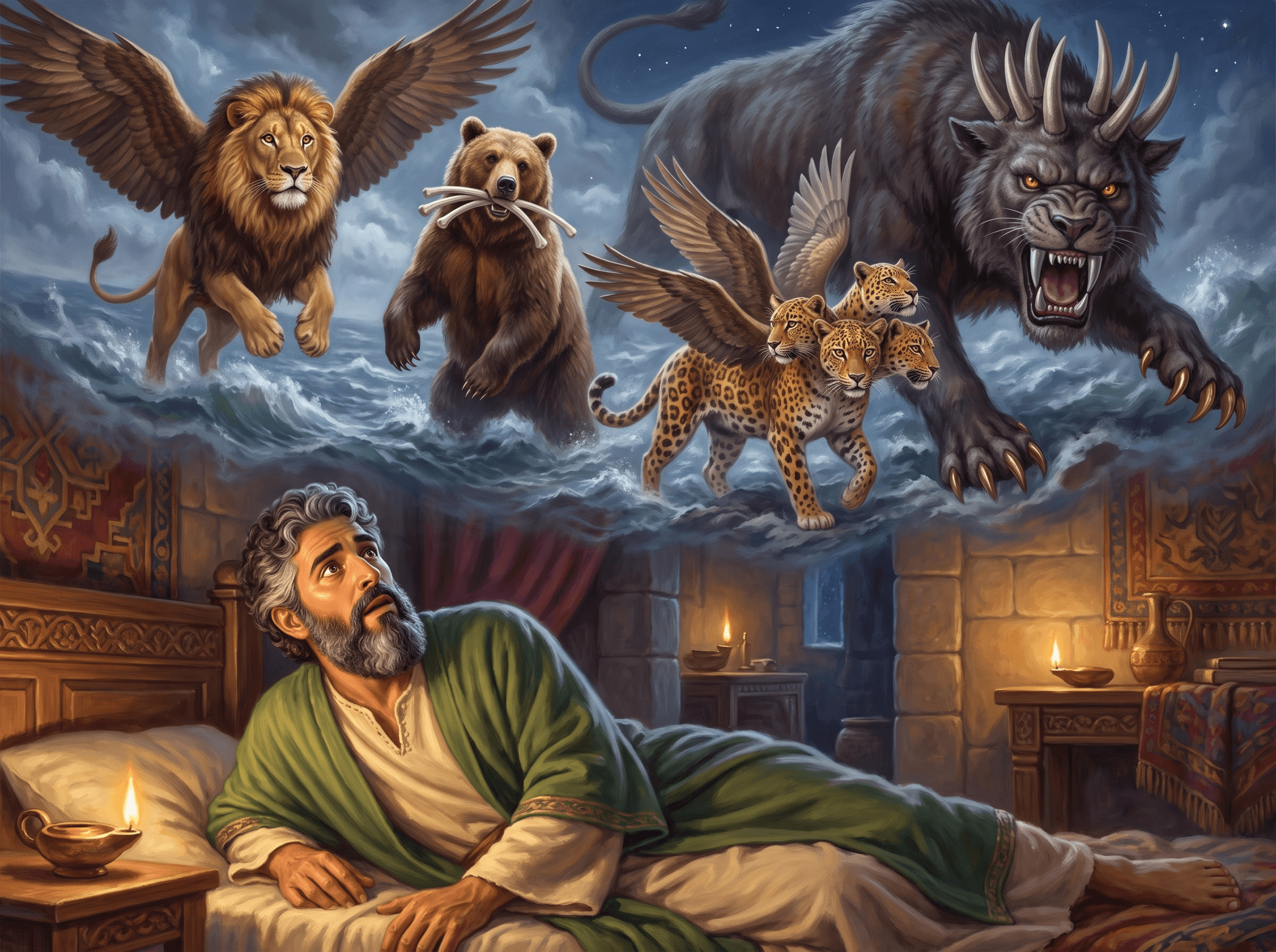 A painting of Daniel lying on his bed at night, looking up at his vision of four great beasts coming up out of the stormy sea: a lion with eagle's wings, a bear with ribs in its mouth, a leopard with four wings and four heads, and a terrible fourth beast with horns