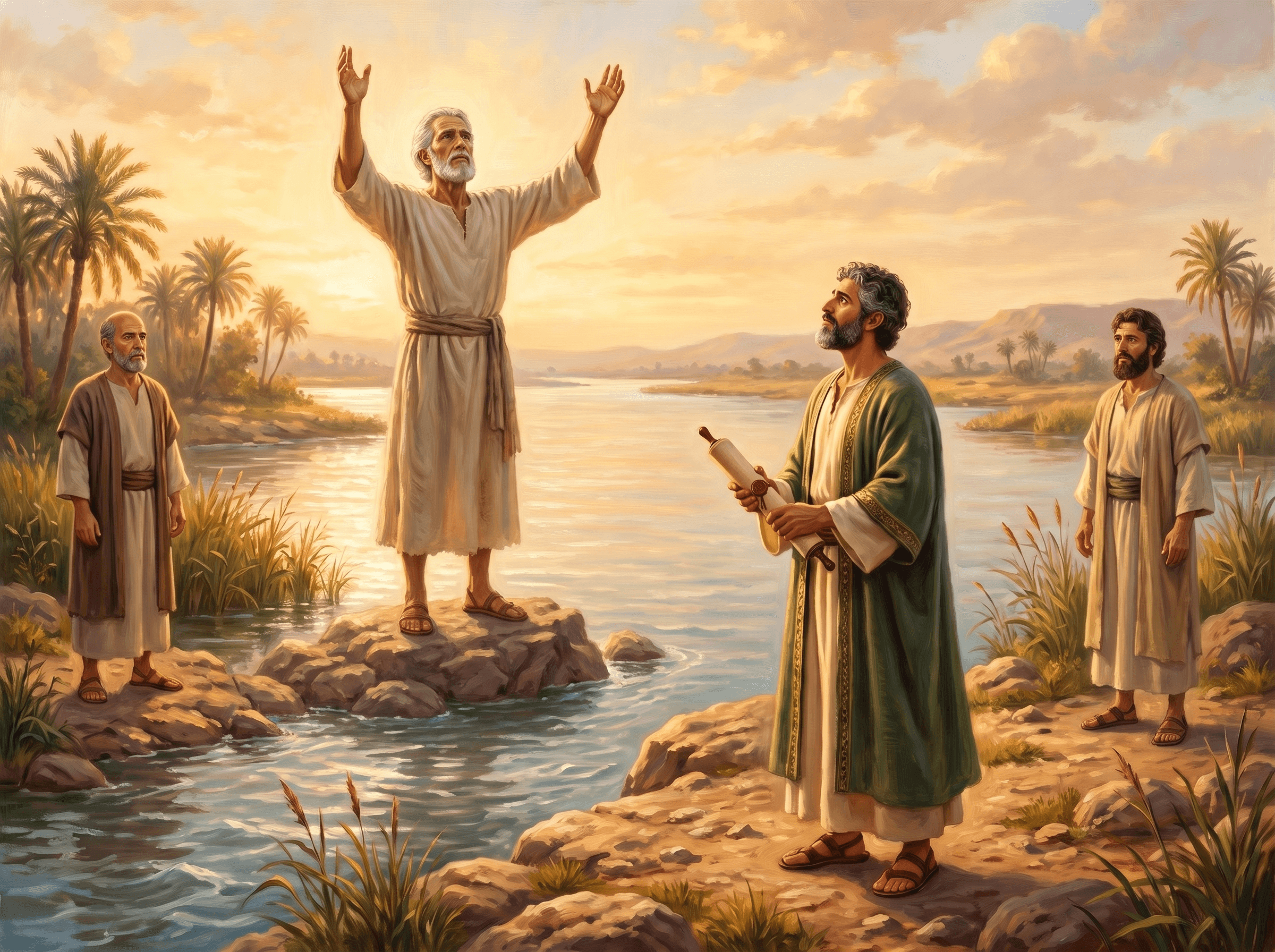 A painting of Daniel holding a sealed scroll by a river, looking up at the man clothed in linen above the waters, who raises both hands toward heaven, with two others on the banks
