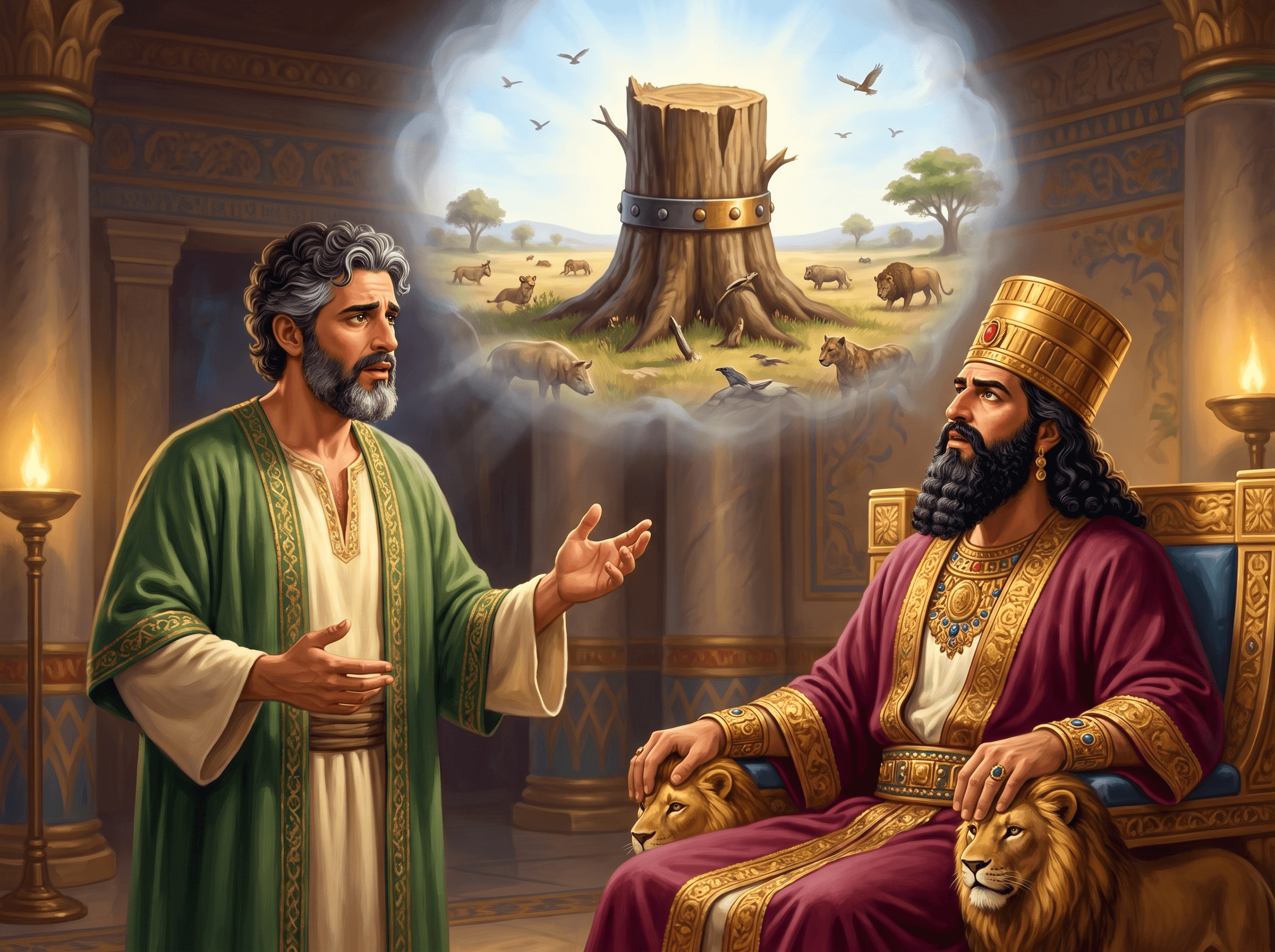 A painting of Daniel, troubled, explaining the king's dream to King Nebuchadnezzar on his throne, with the great tree cut down to its stump, bound with a band of metal, shown above them like a vision