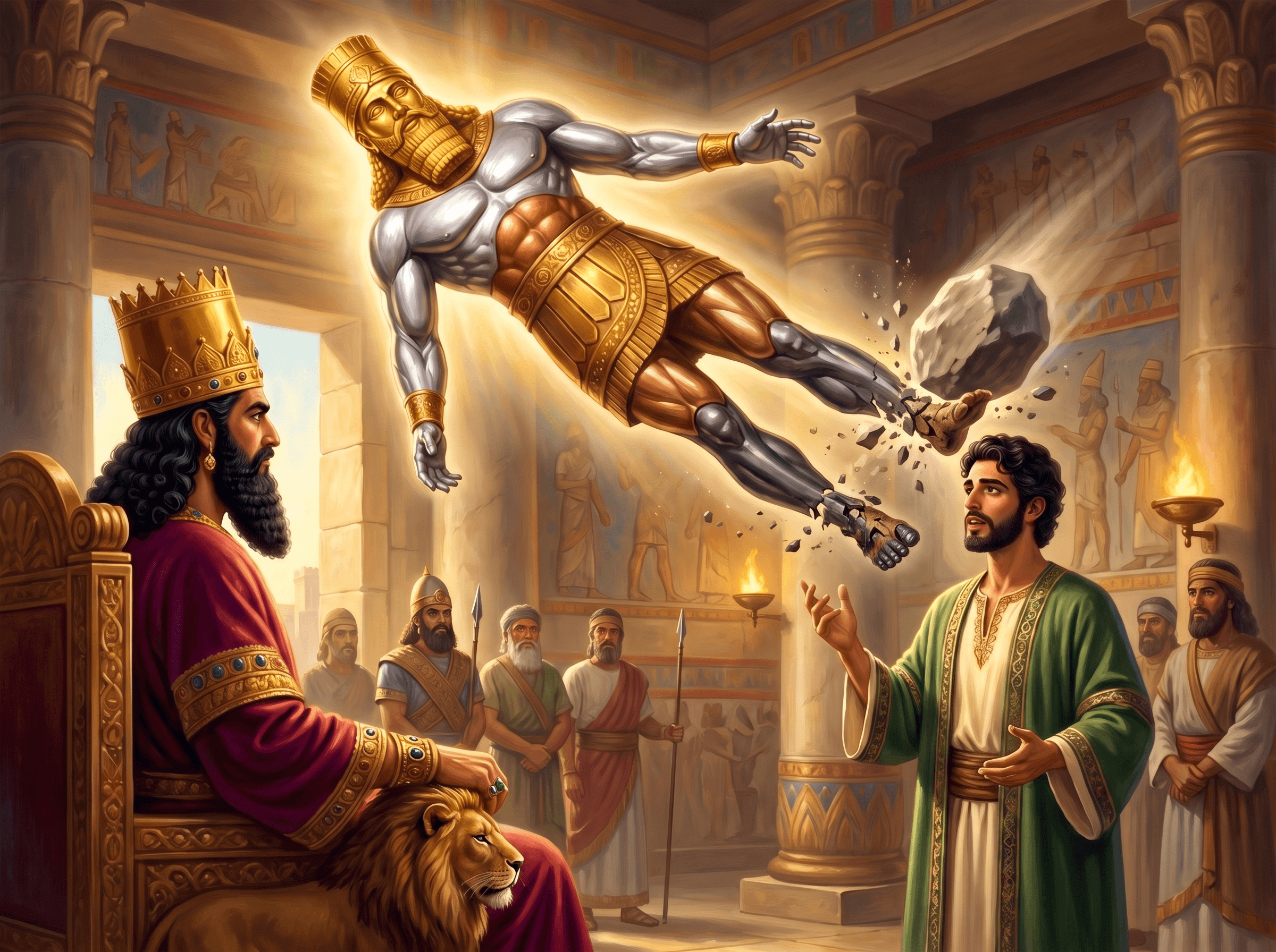 A painting of young Daniel telling King Nebuchadnezzar his dream, as above them, like a vision, a stone strikes the feet of a great image of gold, silver, bronze, iron and clay