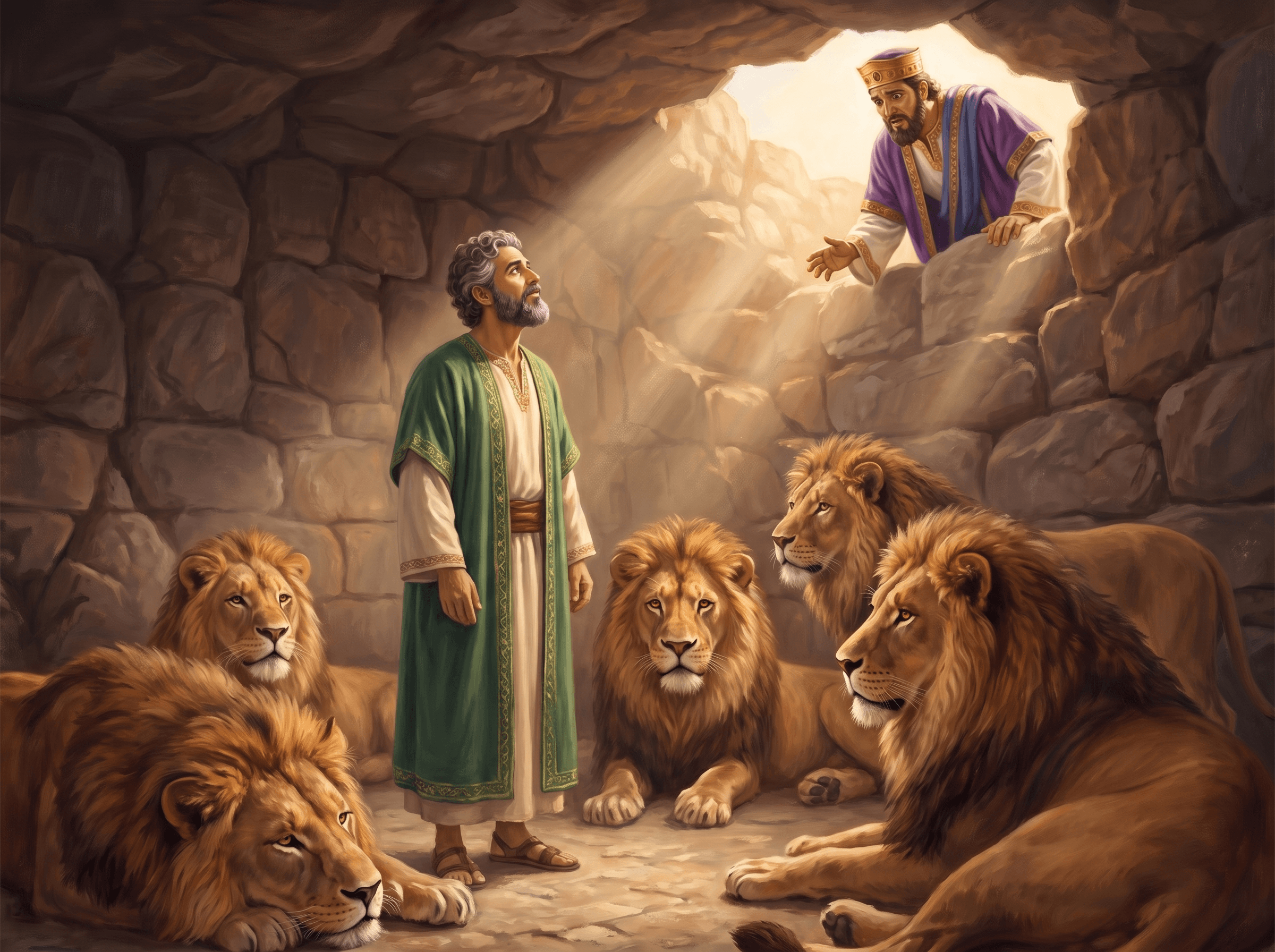 A painting of Daniel standing unharmed among the lions in the den, as King Darius calls down to him from the opening above