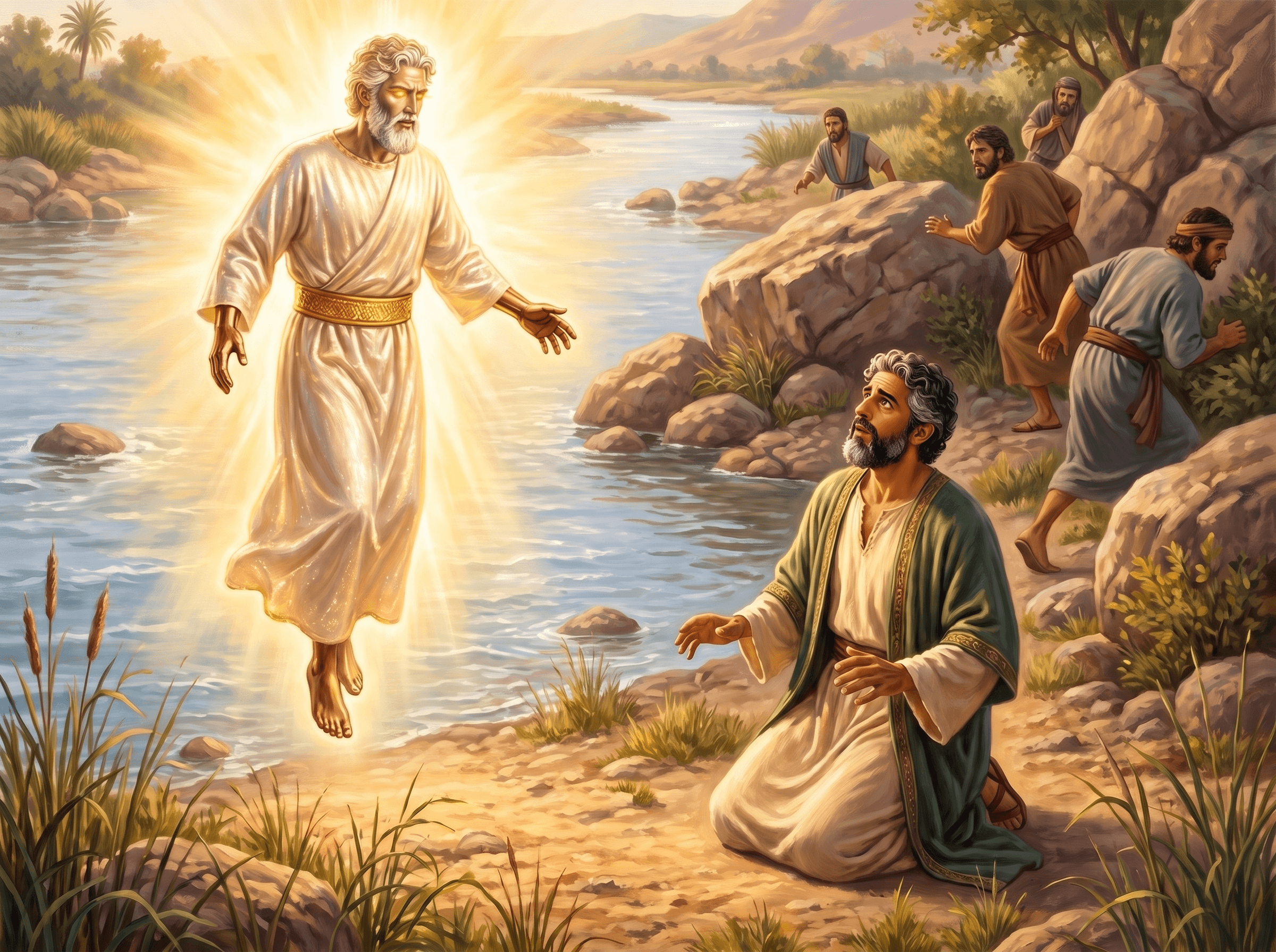 A painting of Daniel kneeling by the river as a shining man in linen with a gold belt appears to him, while the men with him run away in fear