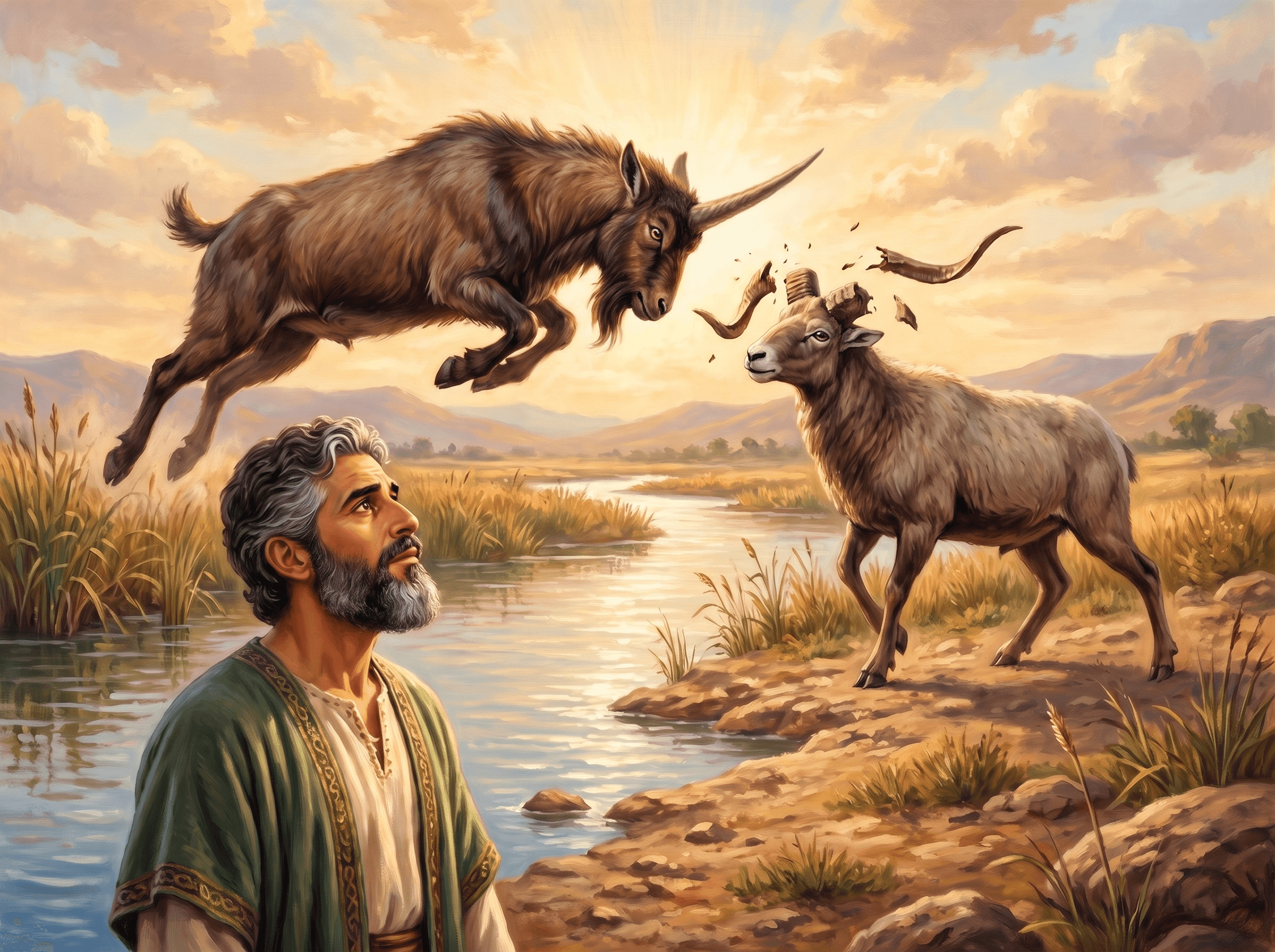A painting of Daniel by a river, looking up at his vision of a male goat with one great horn leaping at a ram and breaking its two horns