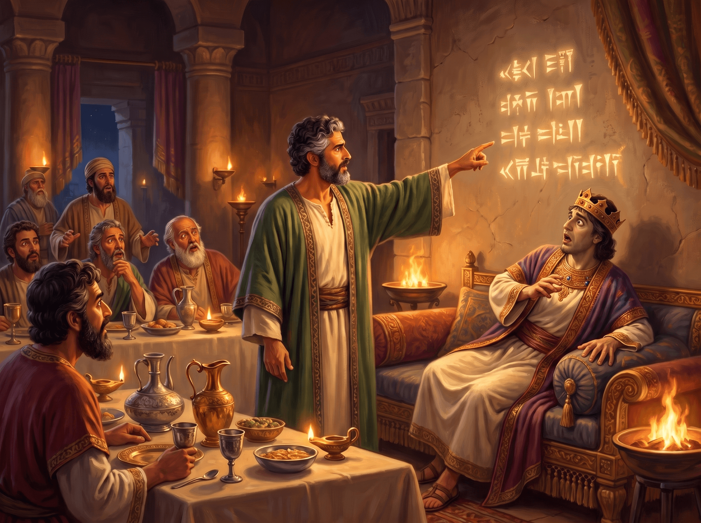 A painting of Daniel pointing to the glowing writing on the palace wall as King Belshazzar shrinks back on his couch and his lords look on from the feast