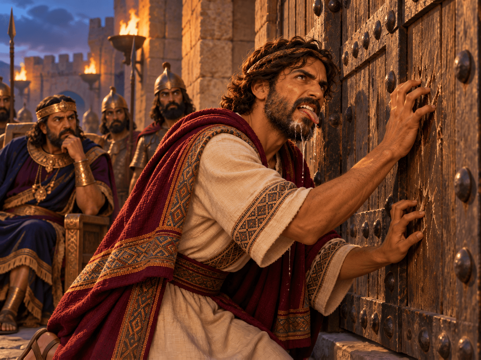 A painting of David pretending to be mad at the gate of Gath