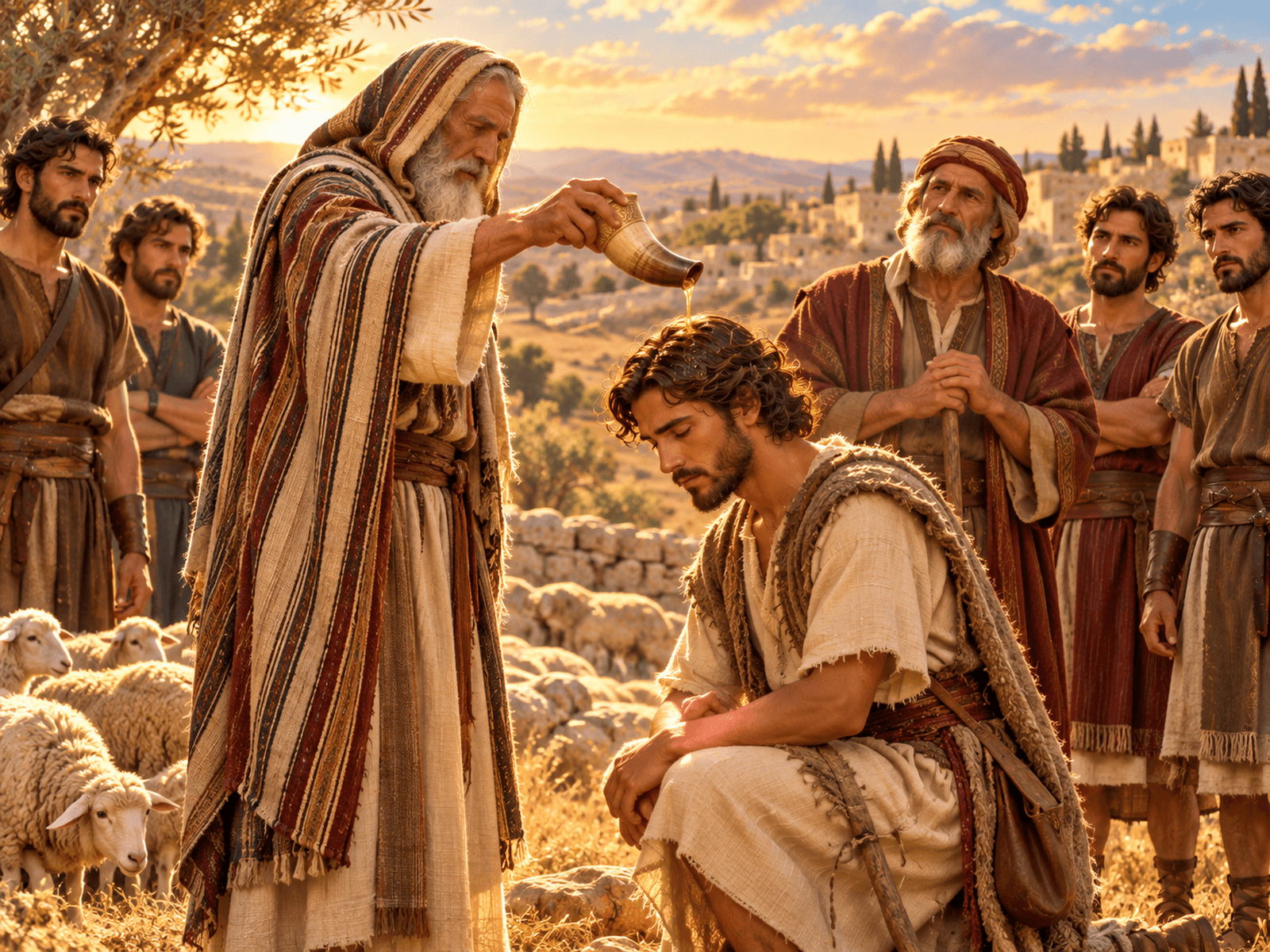 A painting of Samuel anointing the young David in Bethlehem