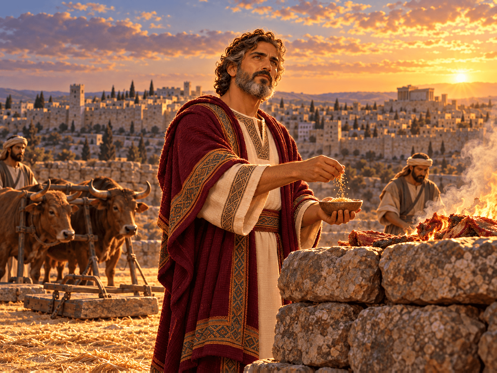 A painting of David offering sacrifices on Araunah's threshing floor