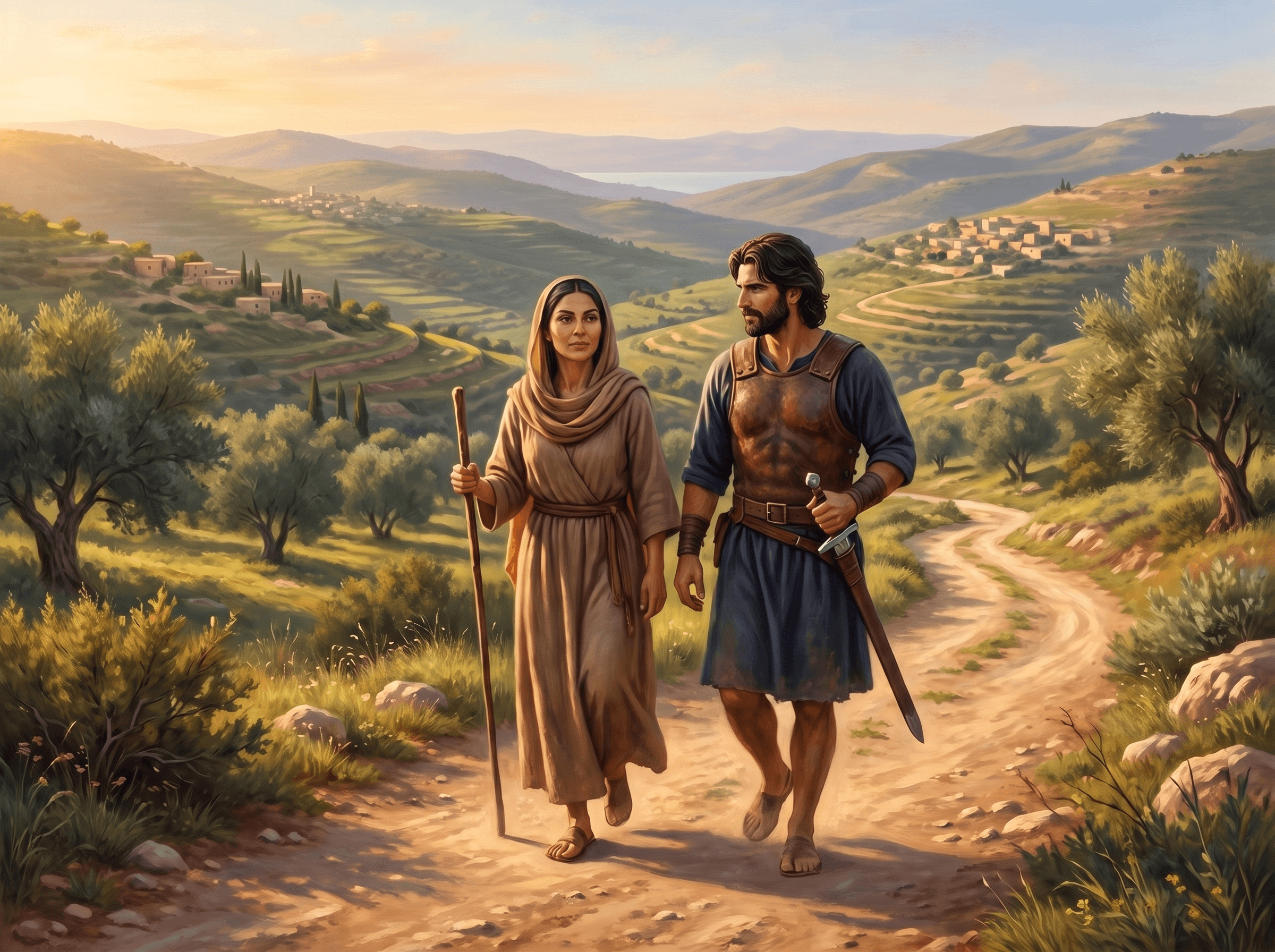 A painting of Deborah, with a walking staff, going along a road through the hills beside Barak, who wears armor and a sword
