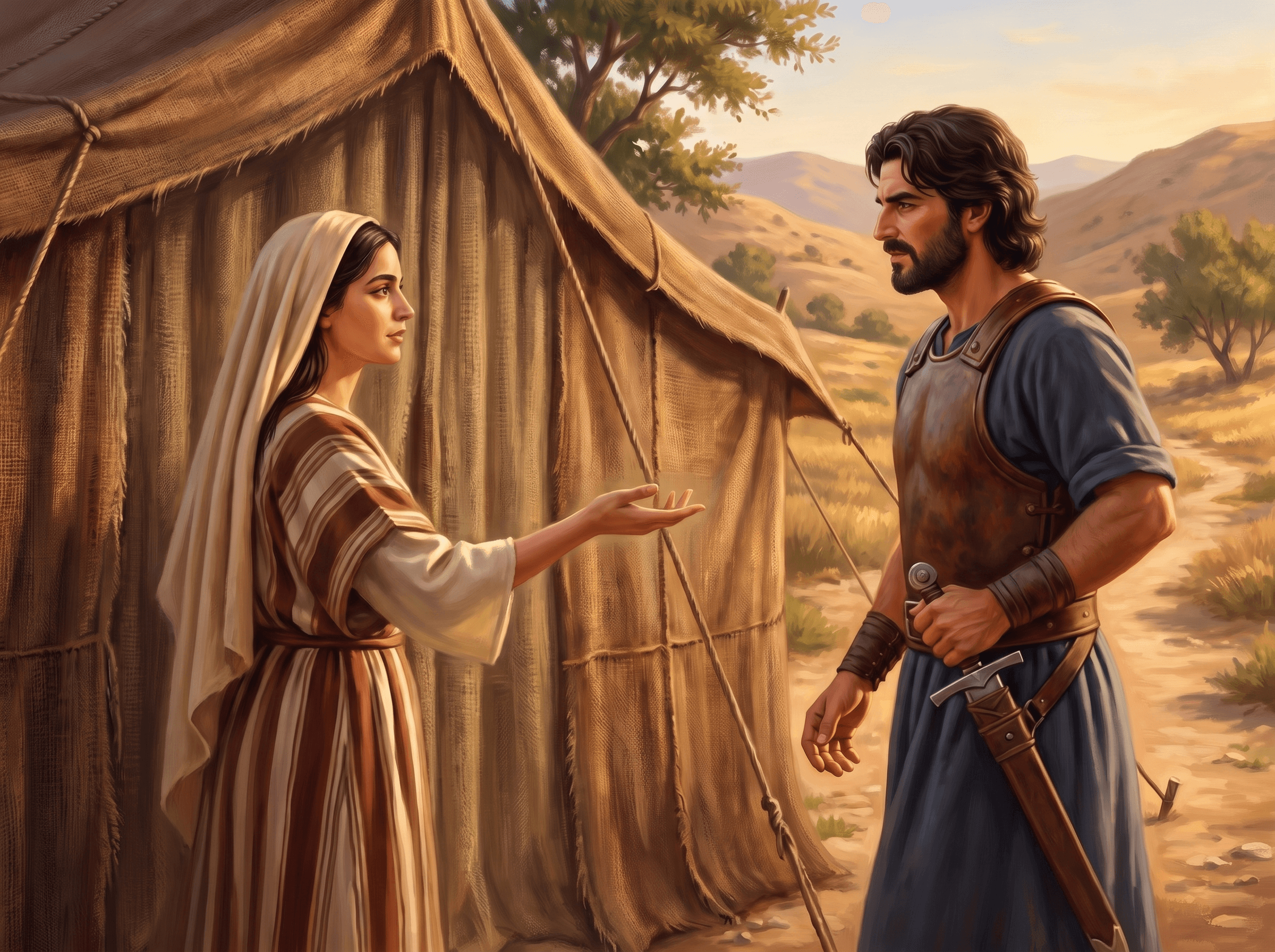 A painting of Jael, in a striped dress, standing at her tent and holding out her open hand to Barak to call him to come