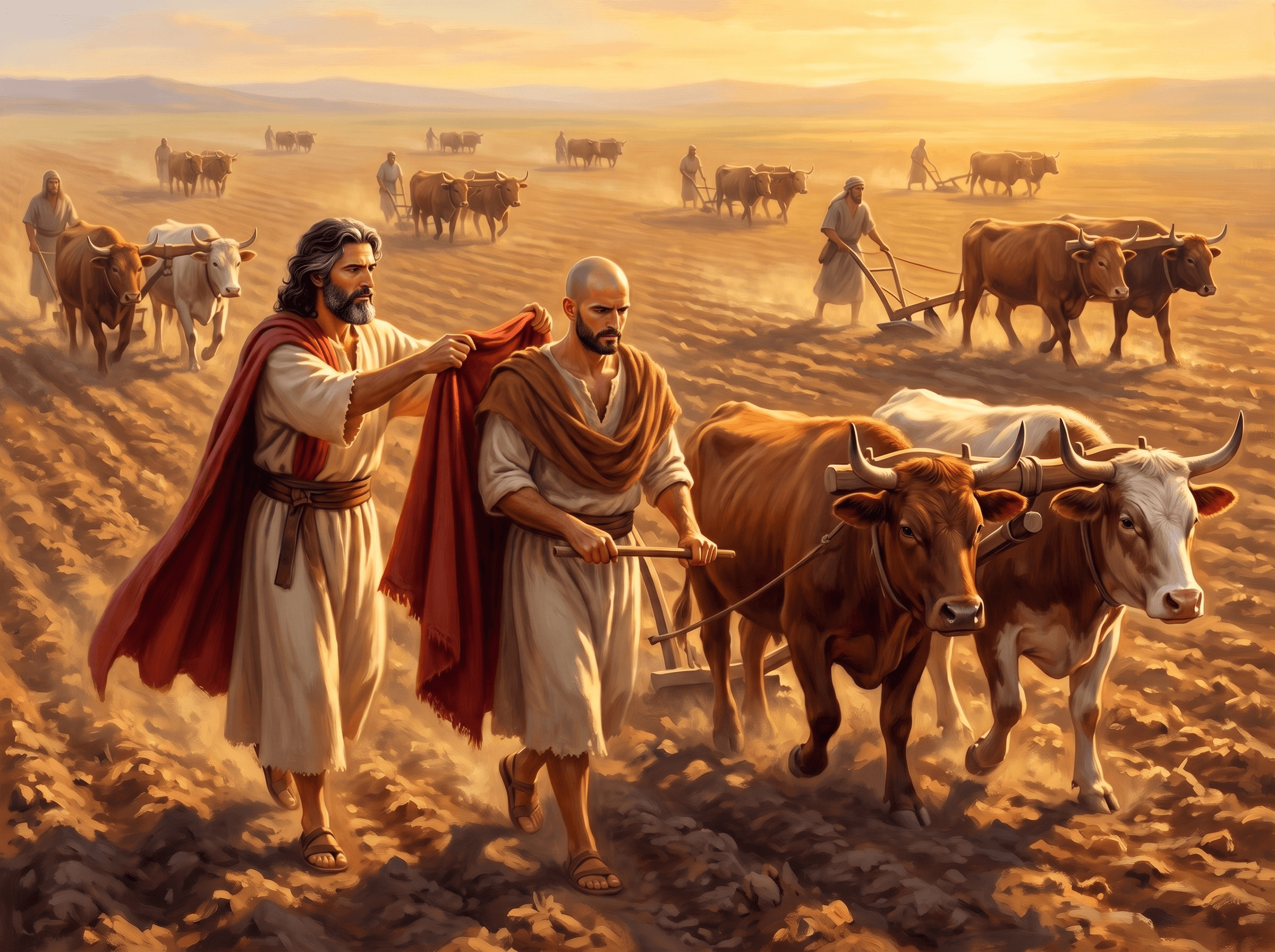 A painting of Elijah throwing his red cloak over the shoulders of Elisha as he plows behind a yoke of oxen, with more teams of oxen plowing across the field
