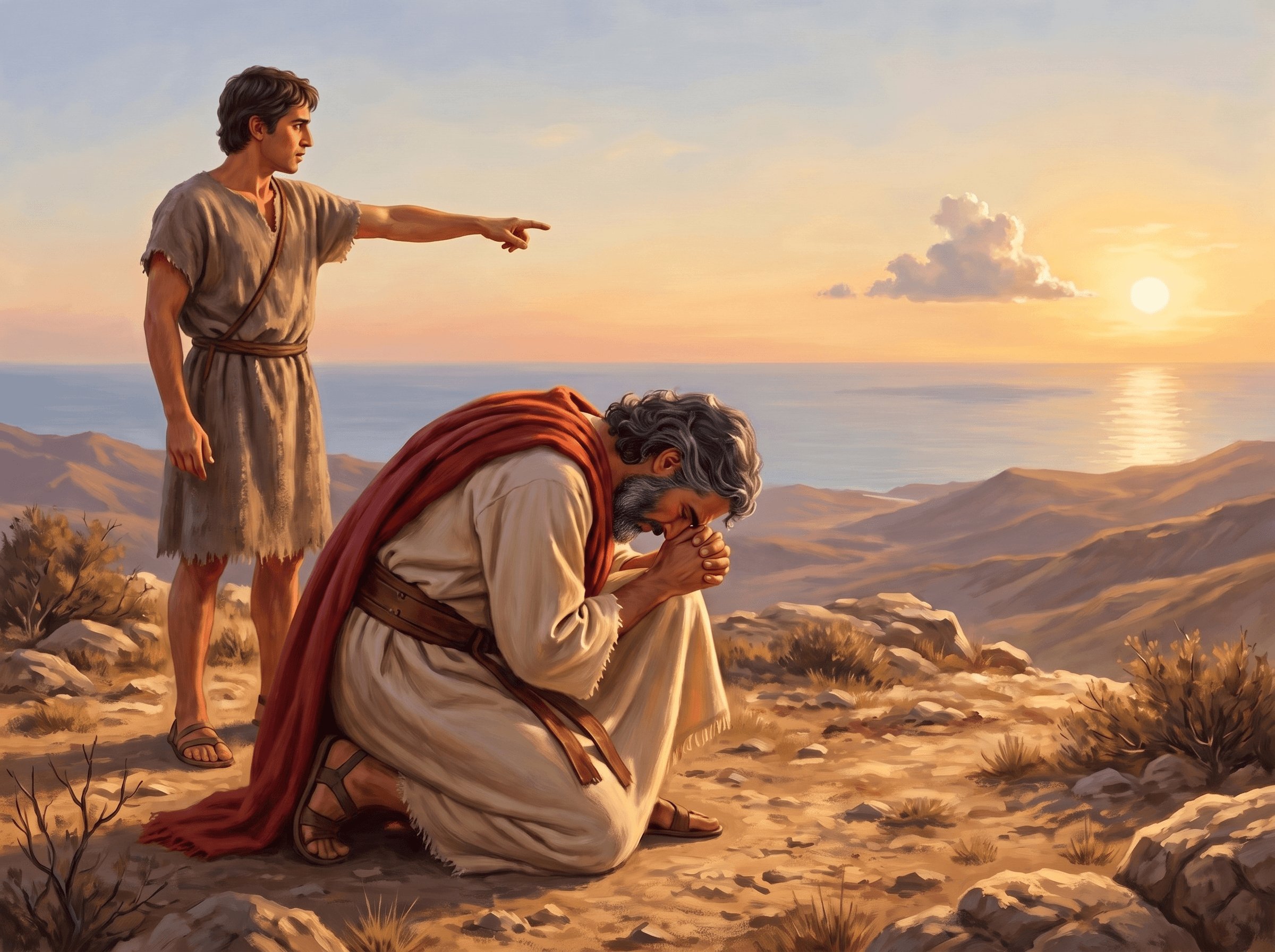 A painting of Elijah bowed down with his face in his hands on a hilltop above the sea, as his servant points to a little cloud rising out of the sea