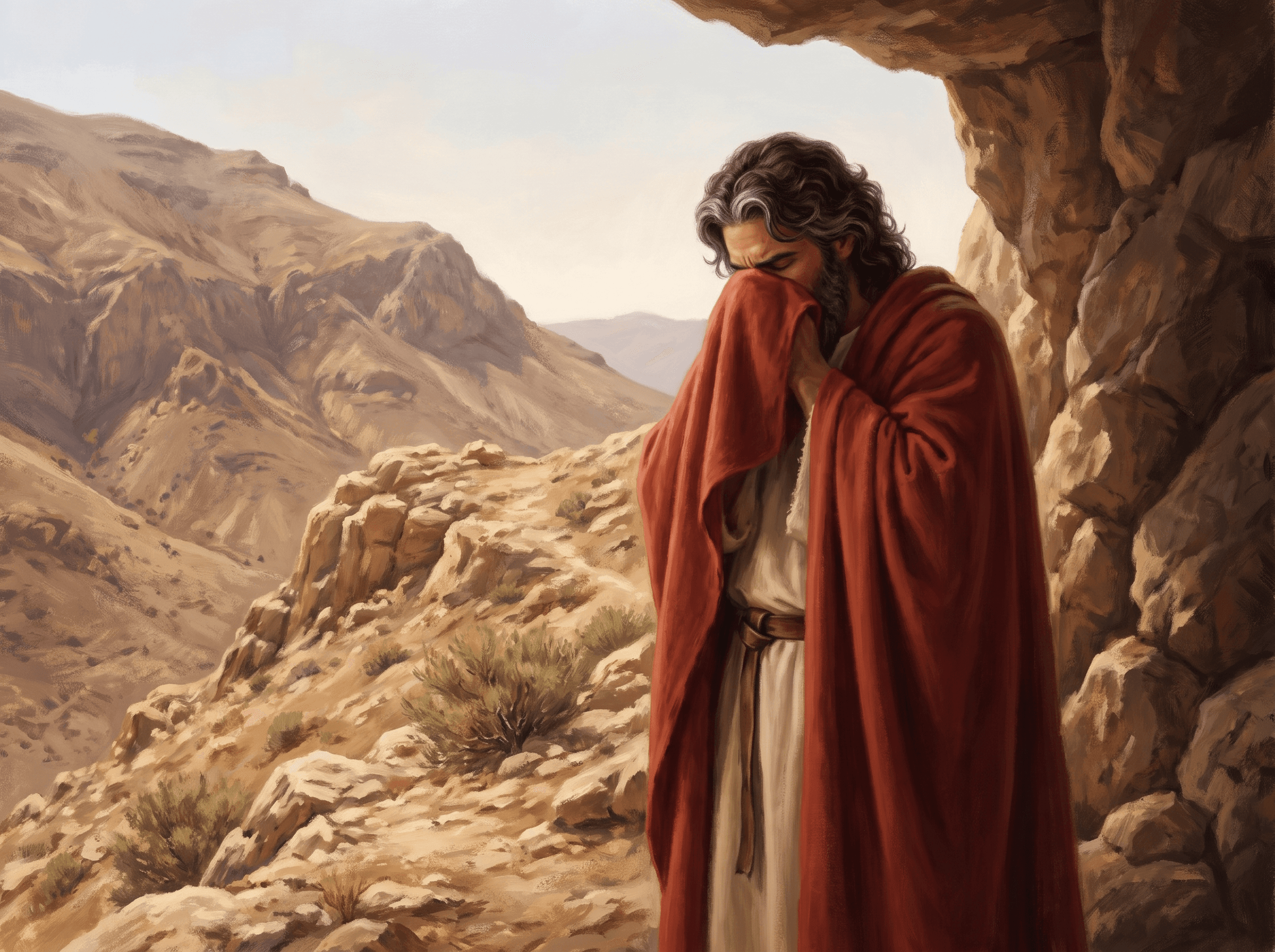 A painting of Elijah standing at the mouth of a cave on the mountain, his face wrapped in his cloak