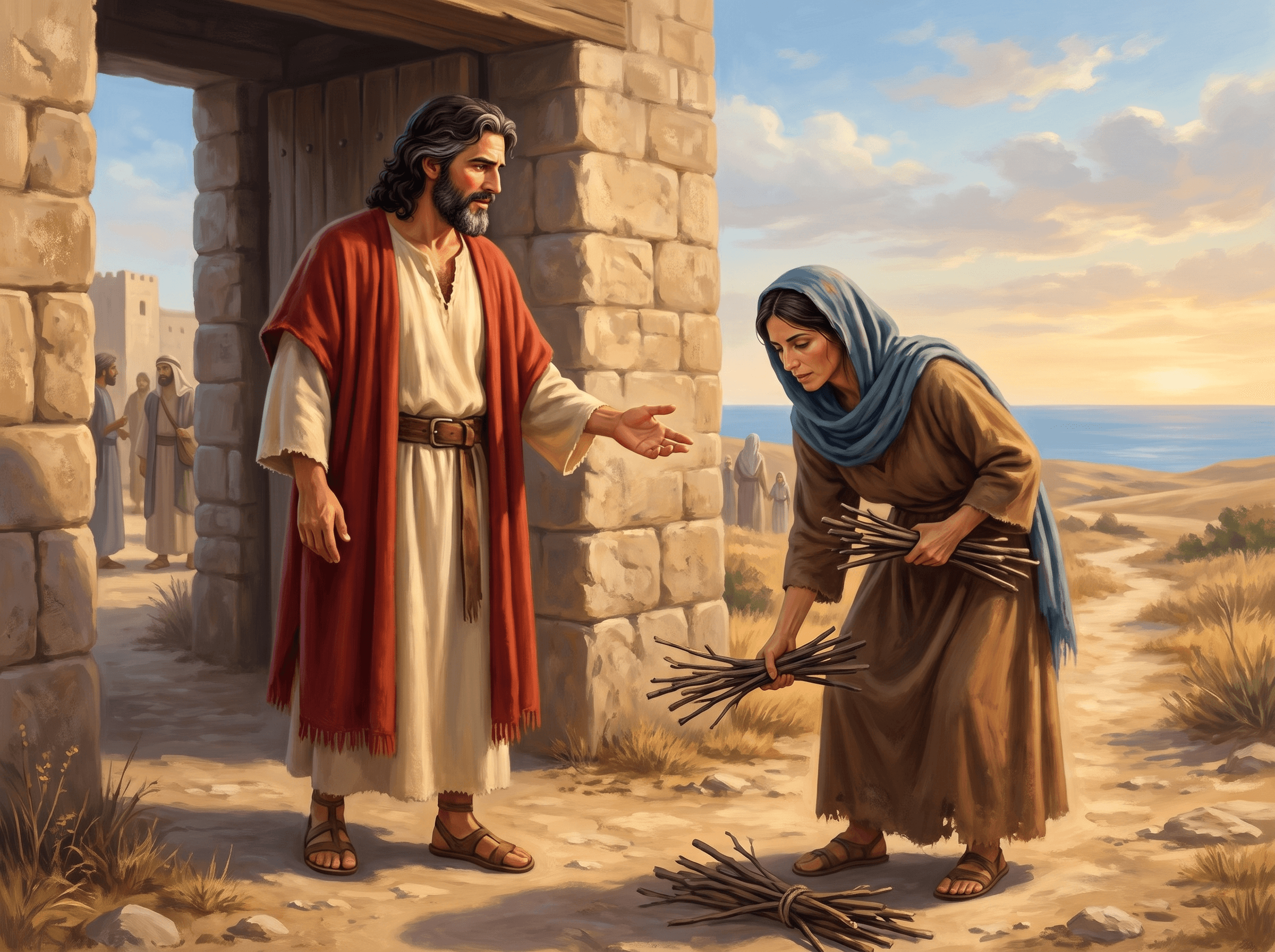 A painting of Elijah at the gate of the town speaking to a poor widow who is gathering sticks