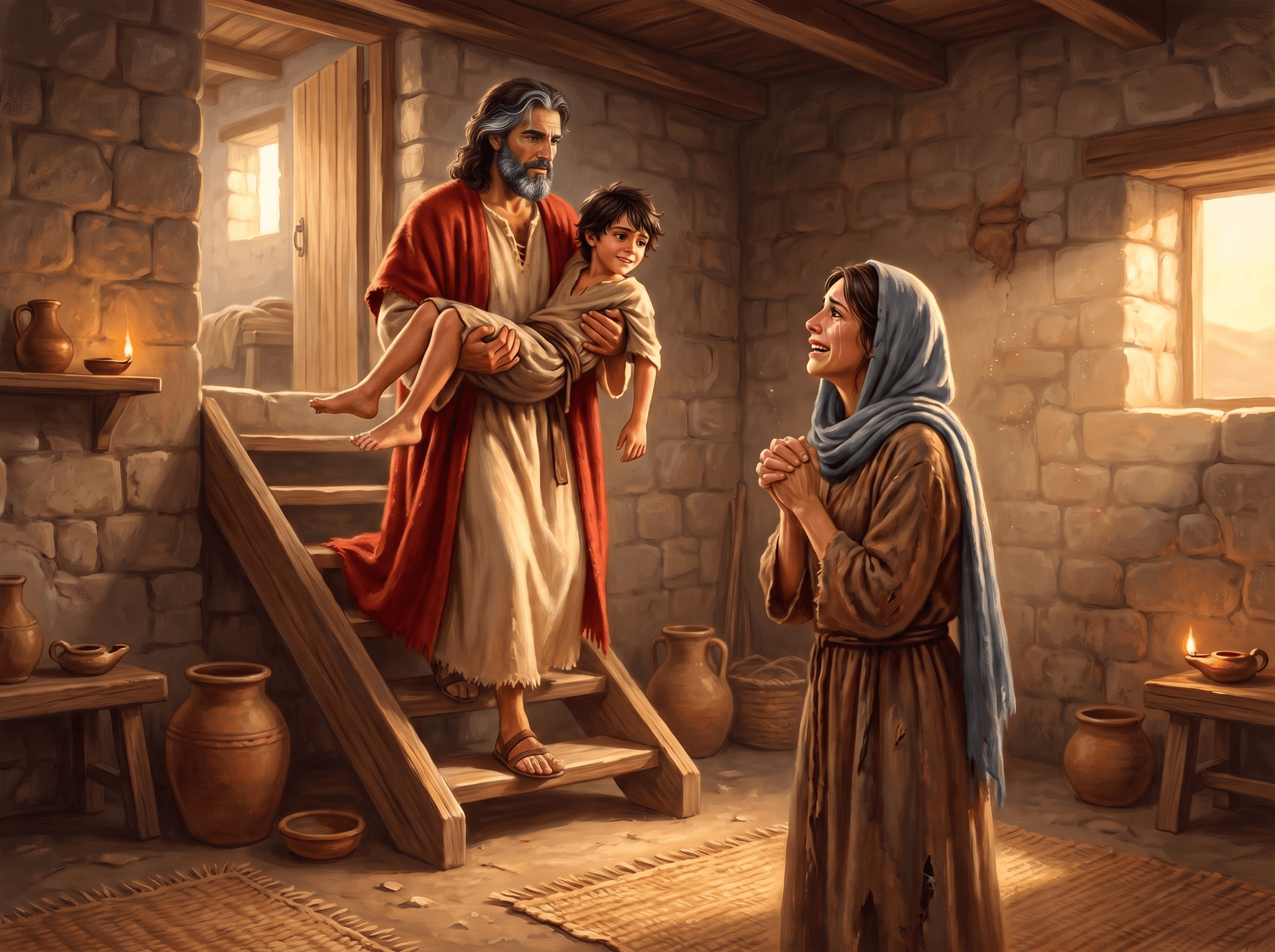A painting of Elijah carrying the widow's son, alive, down the stairs from the upper room, as his mother clasps her hands with tears of joy