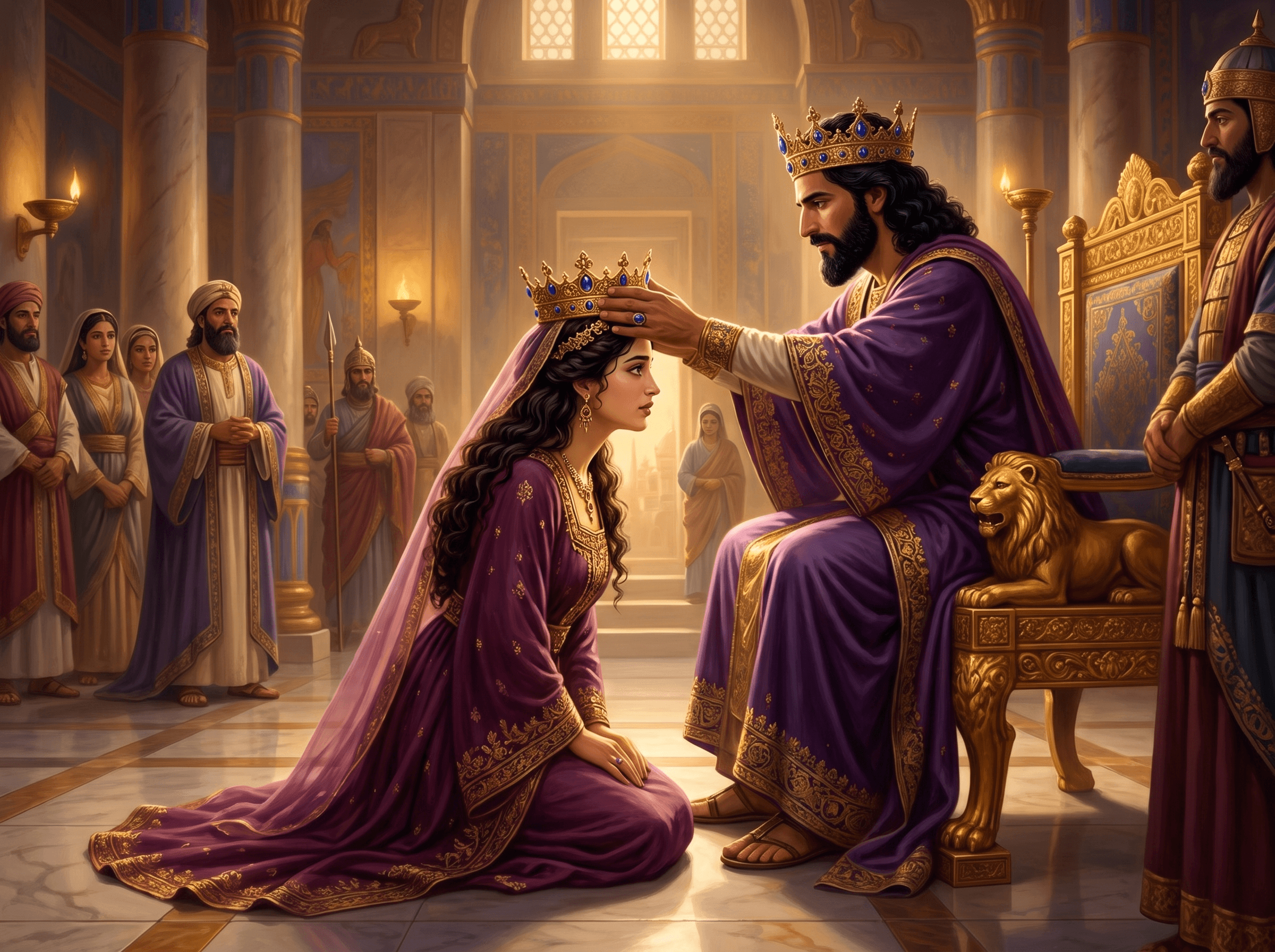 A painting of the king setting the royal crown on the head of Esther as she kneels before his throne, while the court looks on