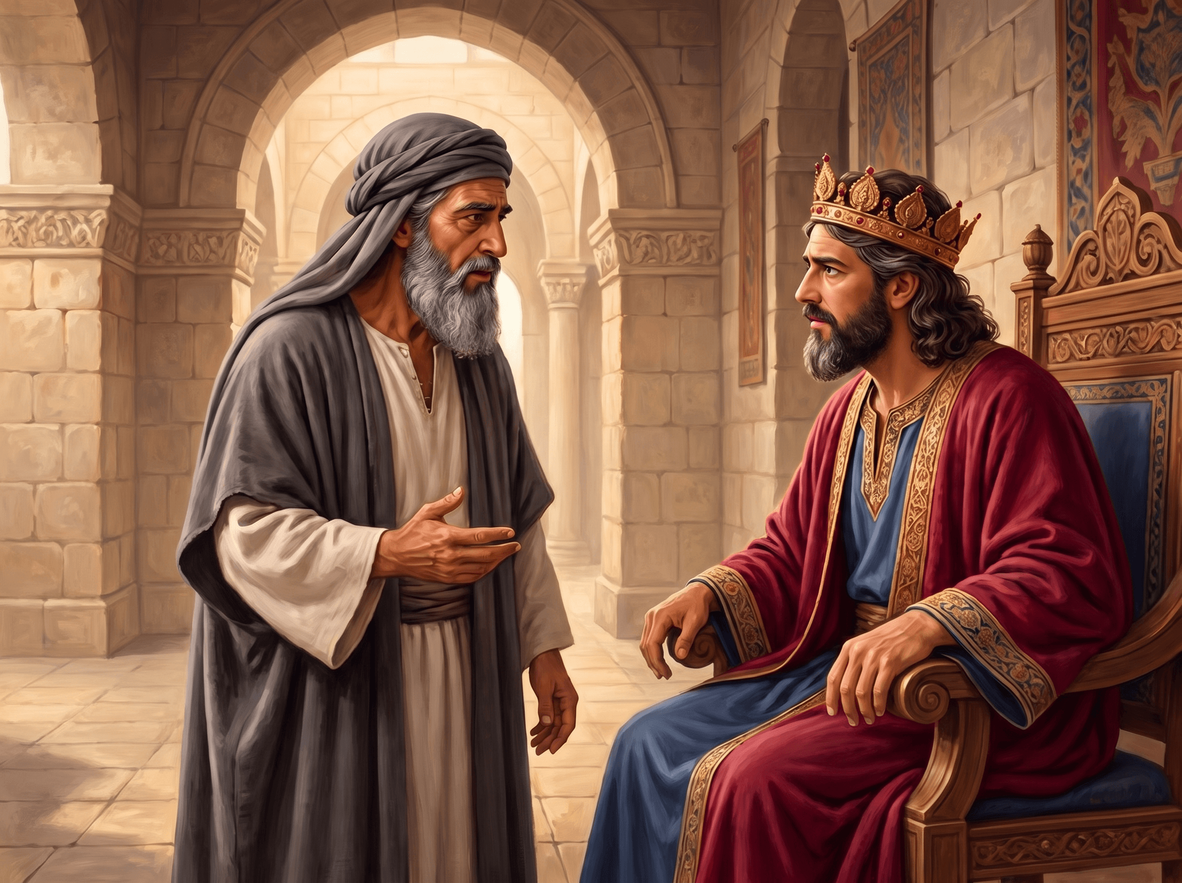 A painting of Isaiah speaking with King Hezekiah, who sits on his throne in a hall of the palace