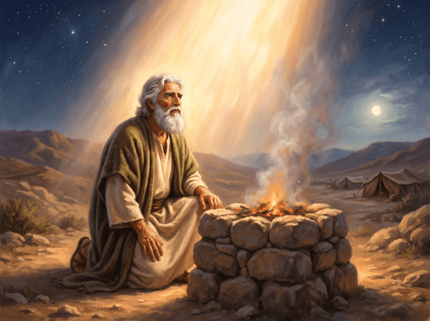 A painting of the aged Jacob kneeling by a smoking altar at night at Beersheba as a brilliant light shines down on him