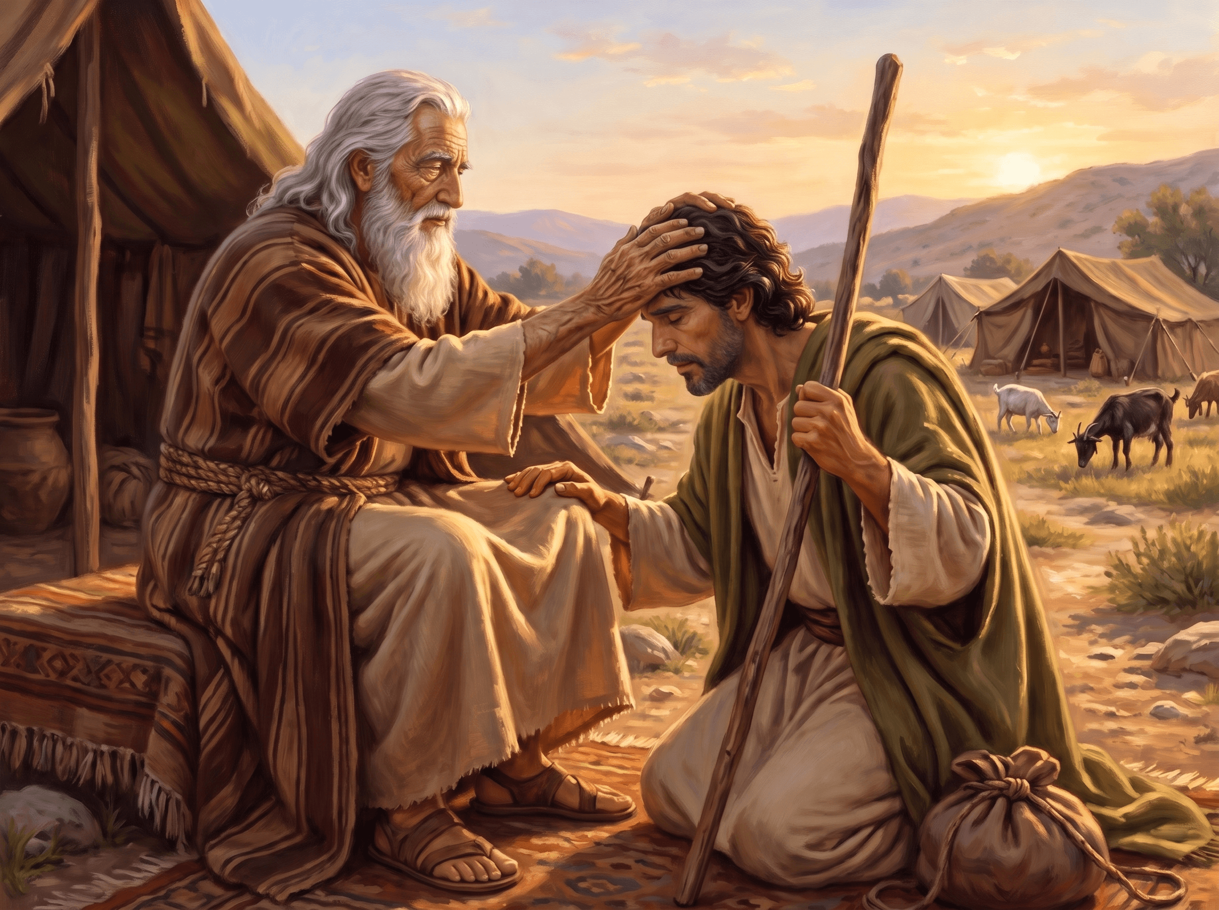A painting of the aged Isaac laying his hand on Jacob's head to bless him before Jacob sets out with his staff and his bag