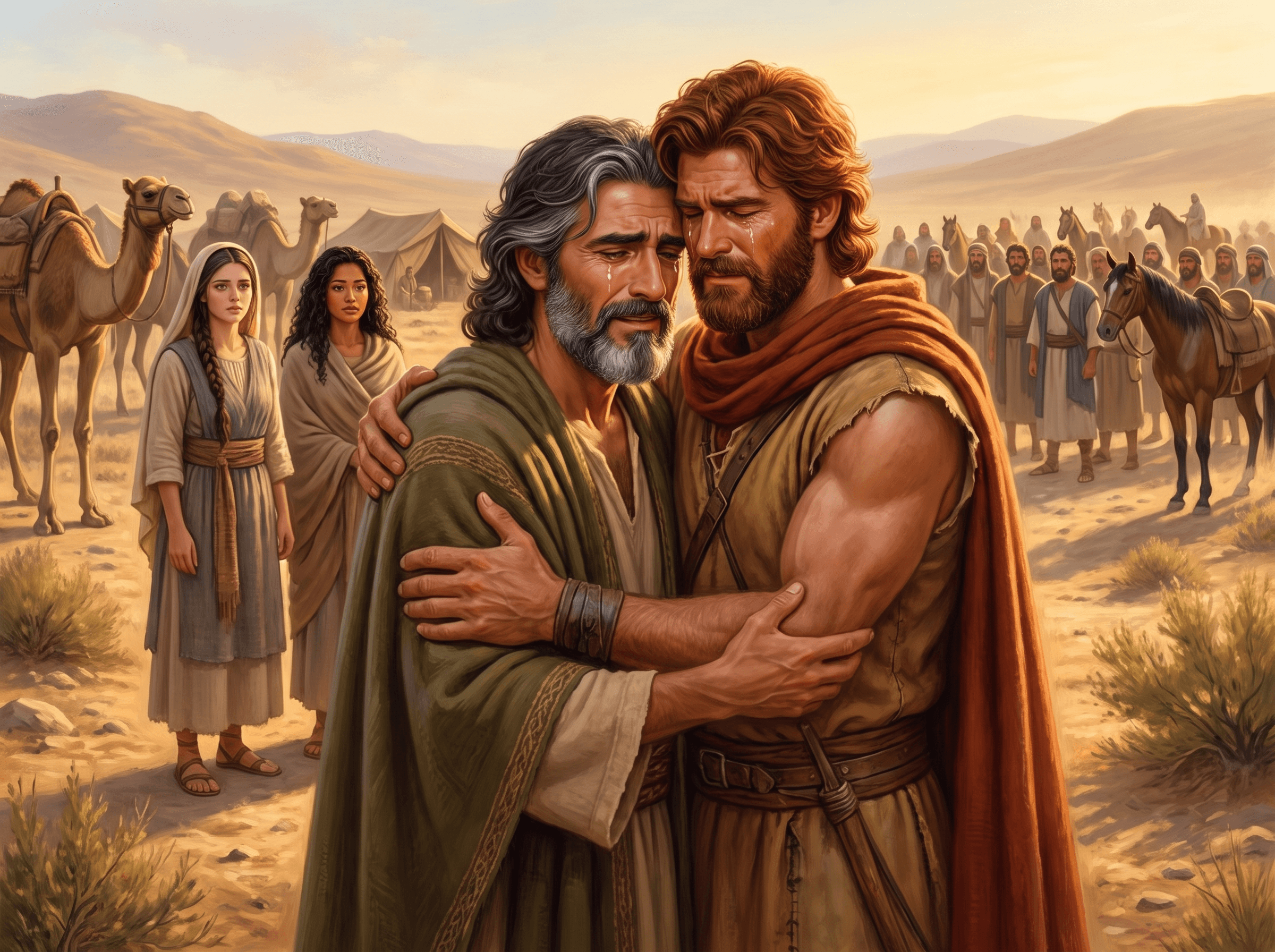 A painting of Jacob and Esau embracing and weeping, as Leah and Rachel wait behind them and Esau's men stand in the distance with their horses and camels