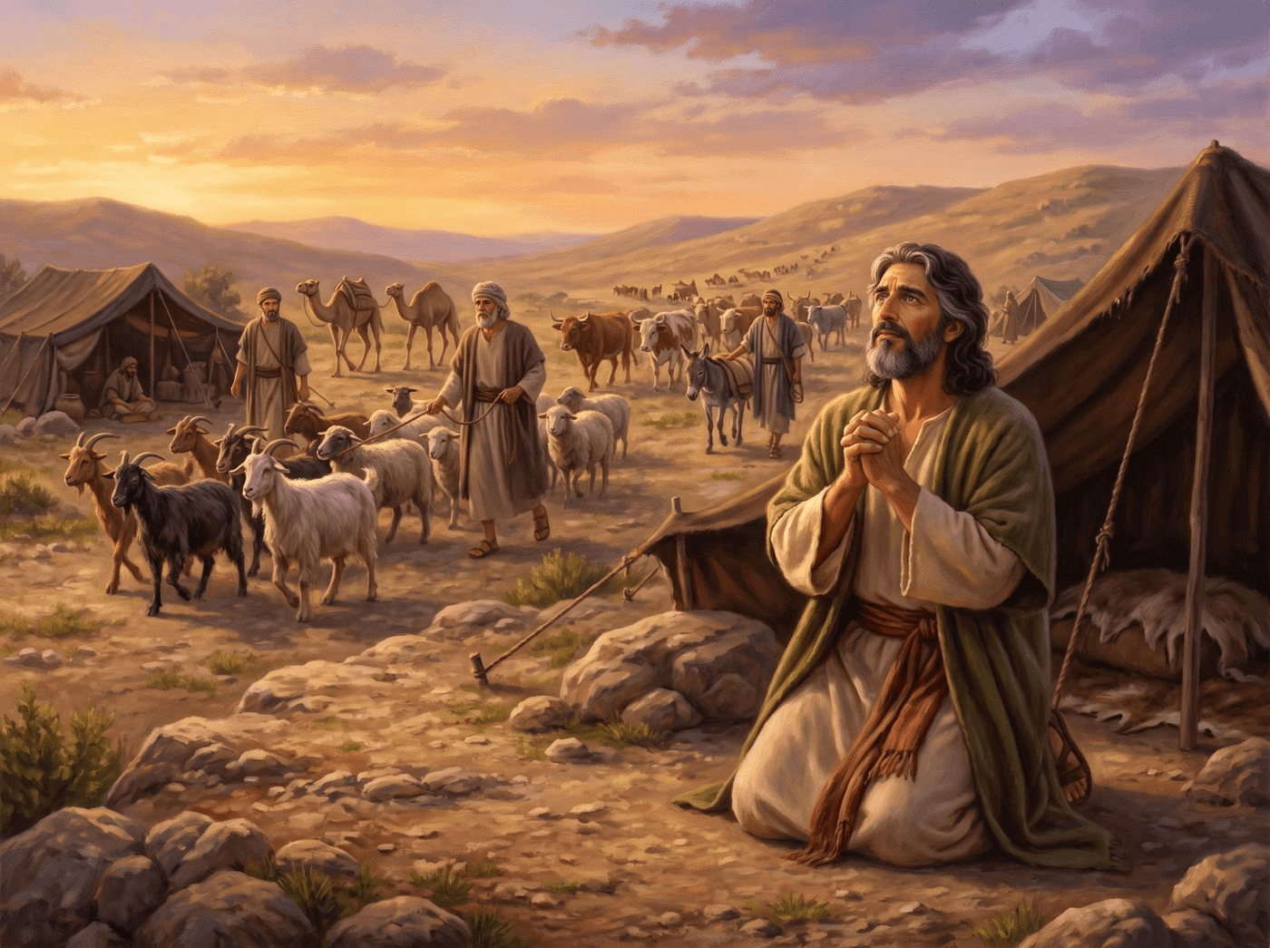 A painting of Jacob kneeling in prayer outside his tent as his servants drive goats, sheep, camels, cattle and donkeys ahead as a gift for Esau