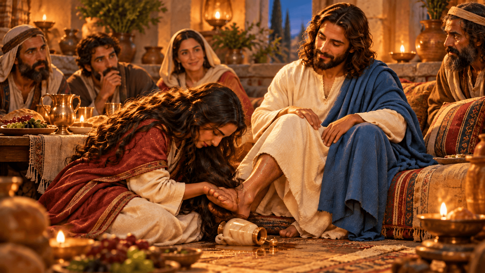 A painting of Mary anointing Jesus at Bethany