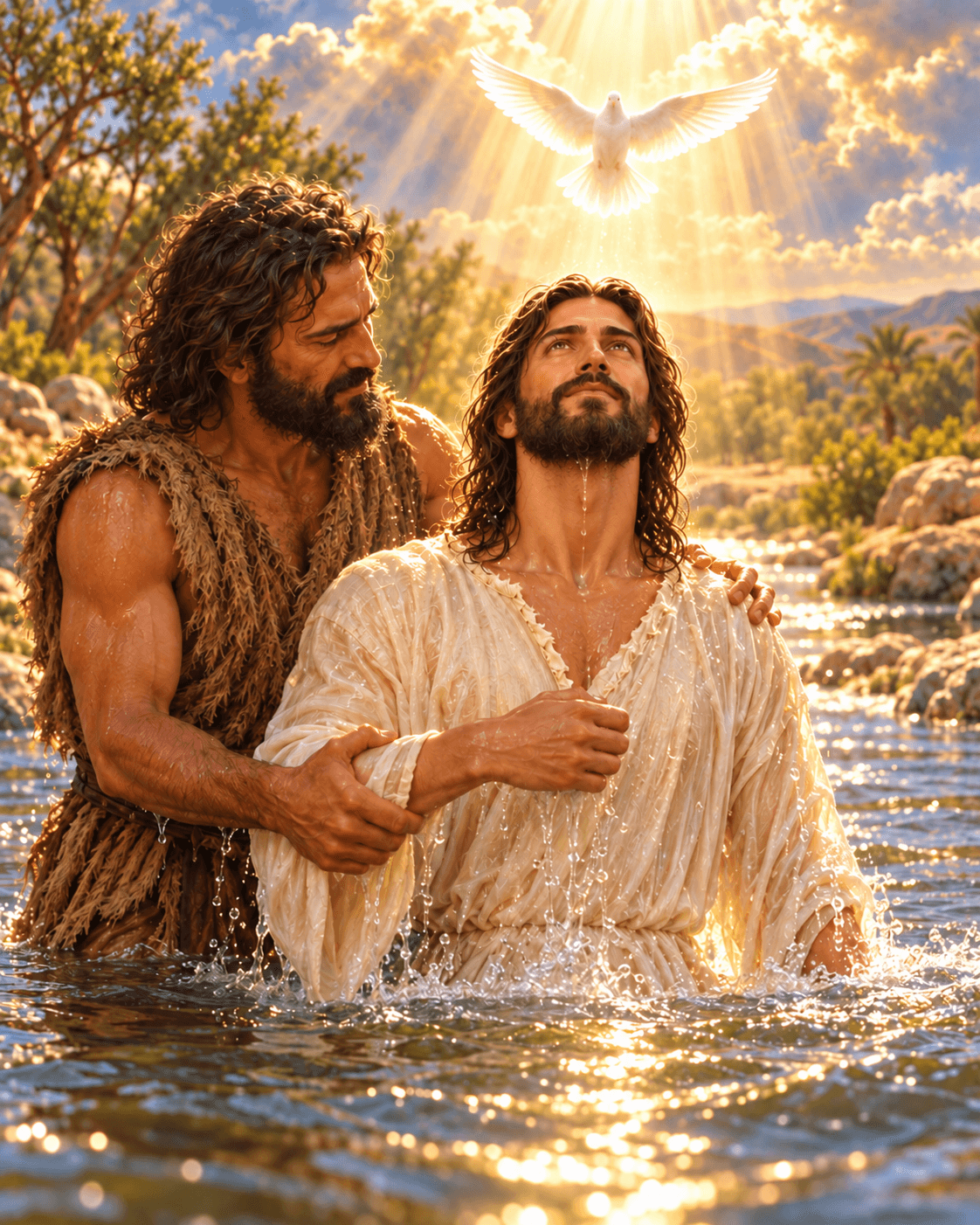 A painting of the baptism of Jesus in the Jordan River
