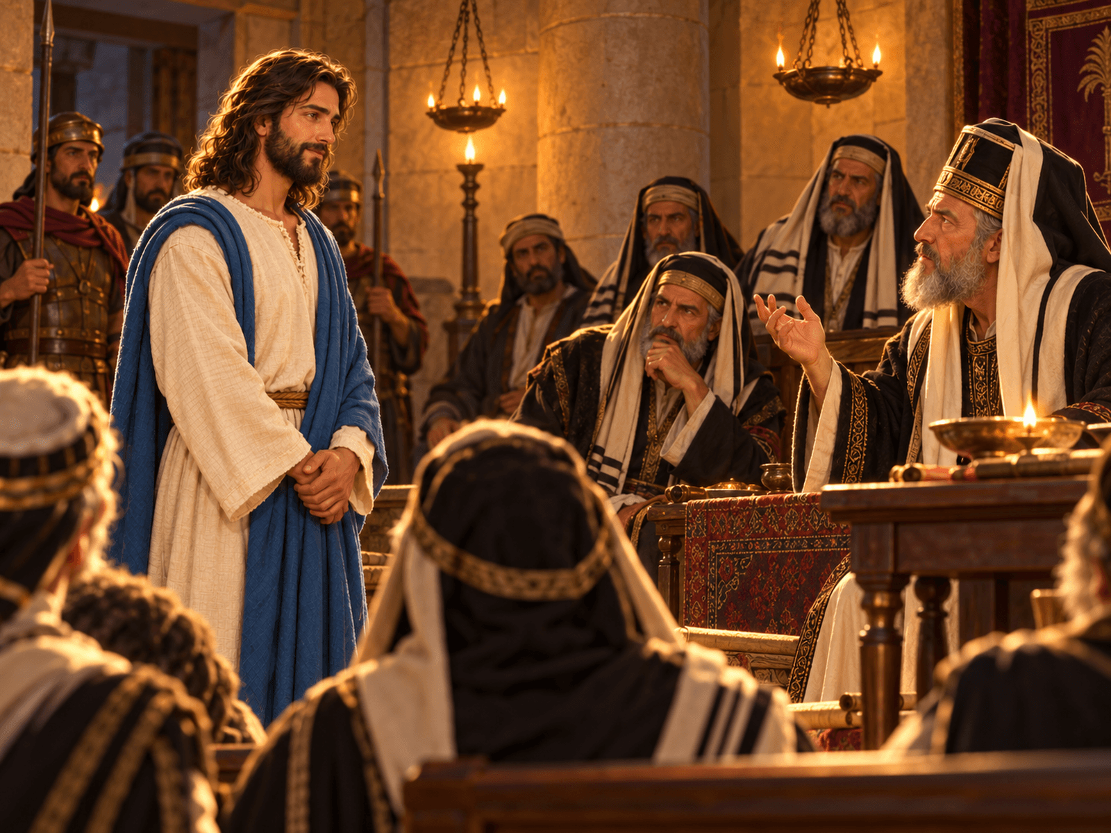 A painting of Jesus on trial before the high priest