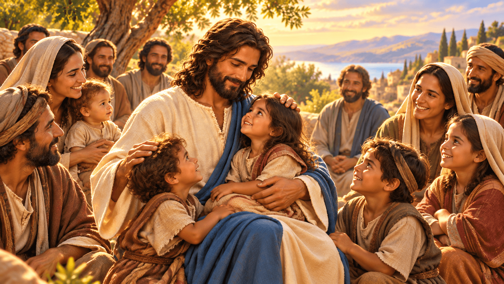 A painting of Jesus blessing the children