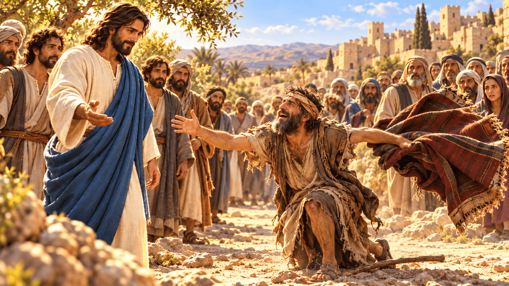 A painting of Jesus healing blind Bartimaeus