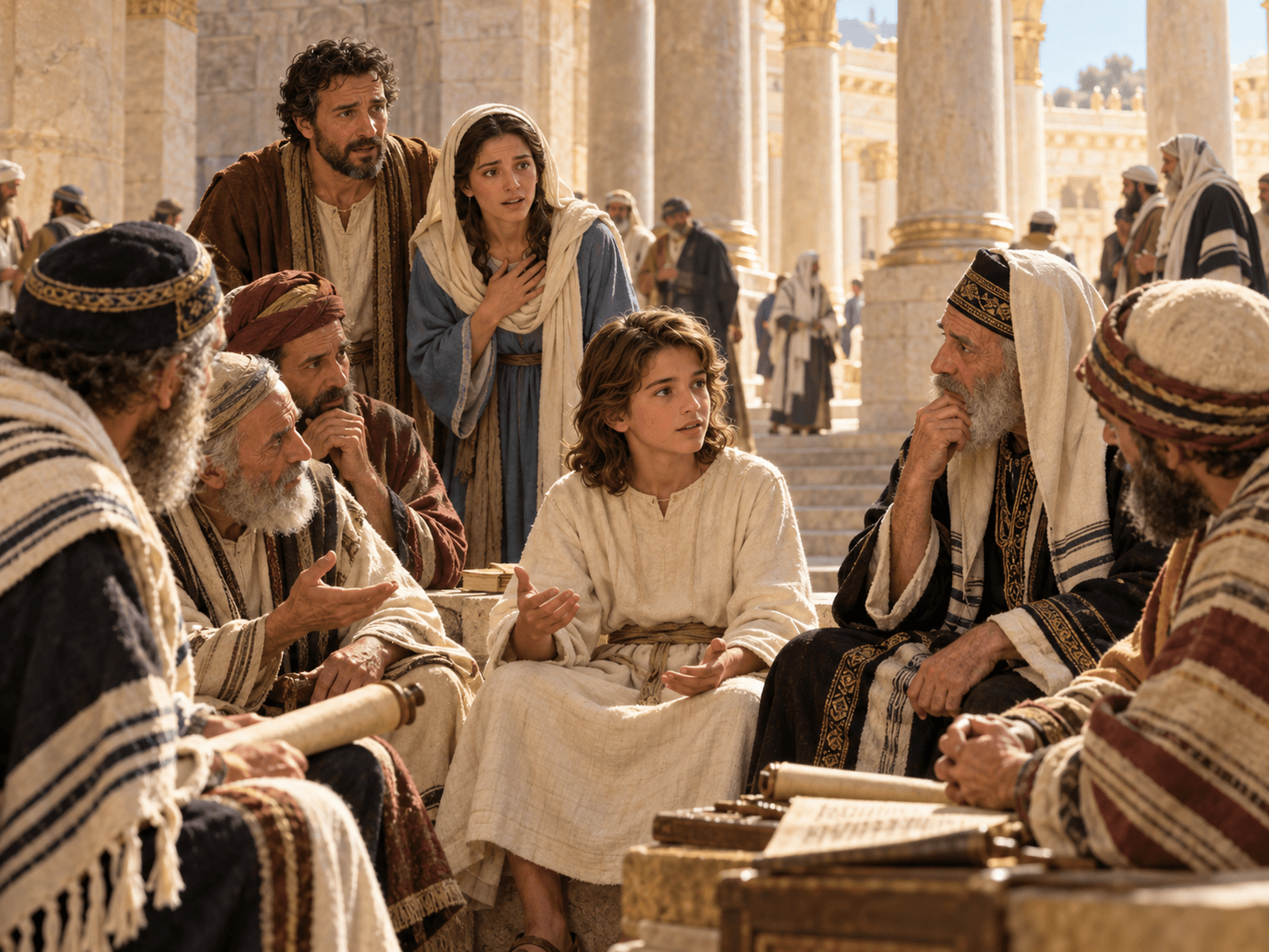 A painting of the boy Jesus with the teachers in the temple