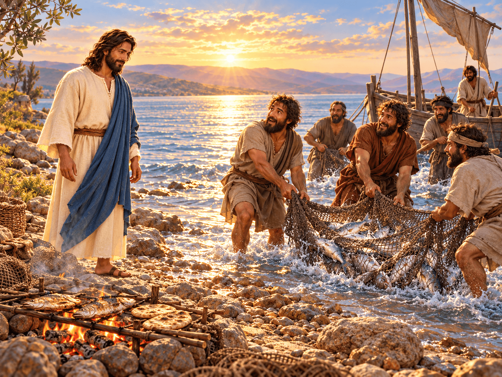 A painting of the risen Jesus sharing breakfast with his disciples by the sea