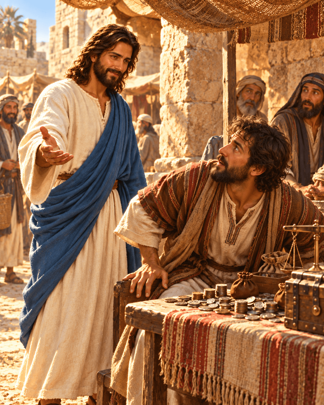 A painting of Jesus calling Matthew, a tax collector, to follow him