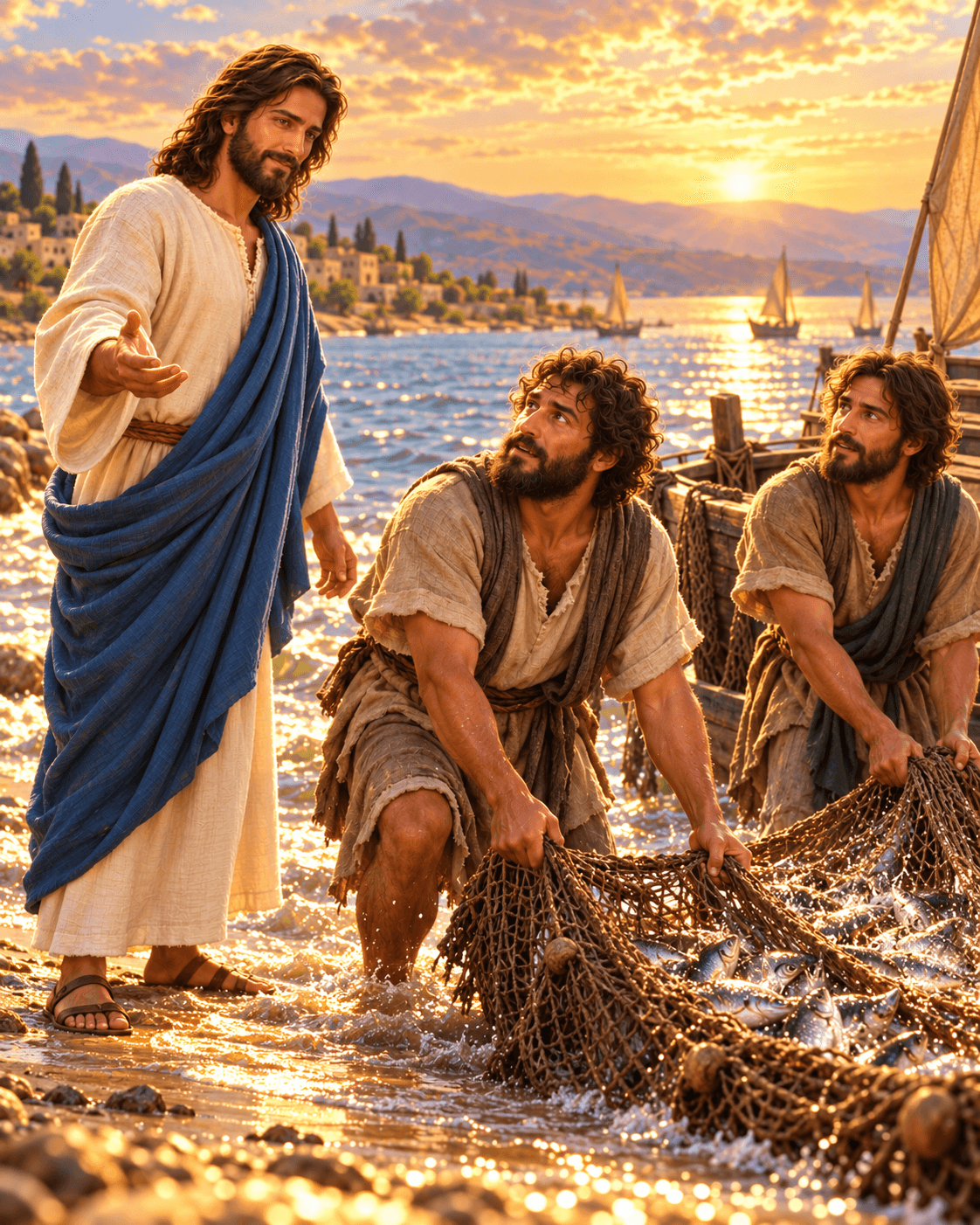 A painting of Jesus calling fishermen by the Sea of Galilee to follow him