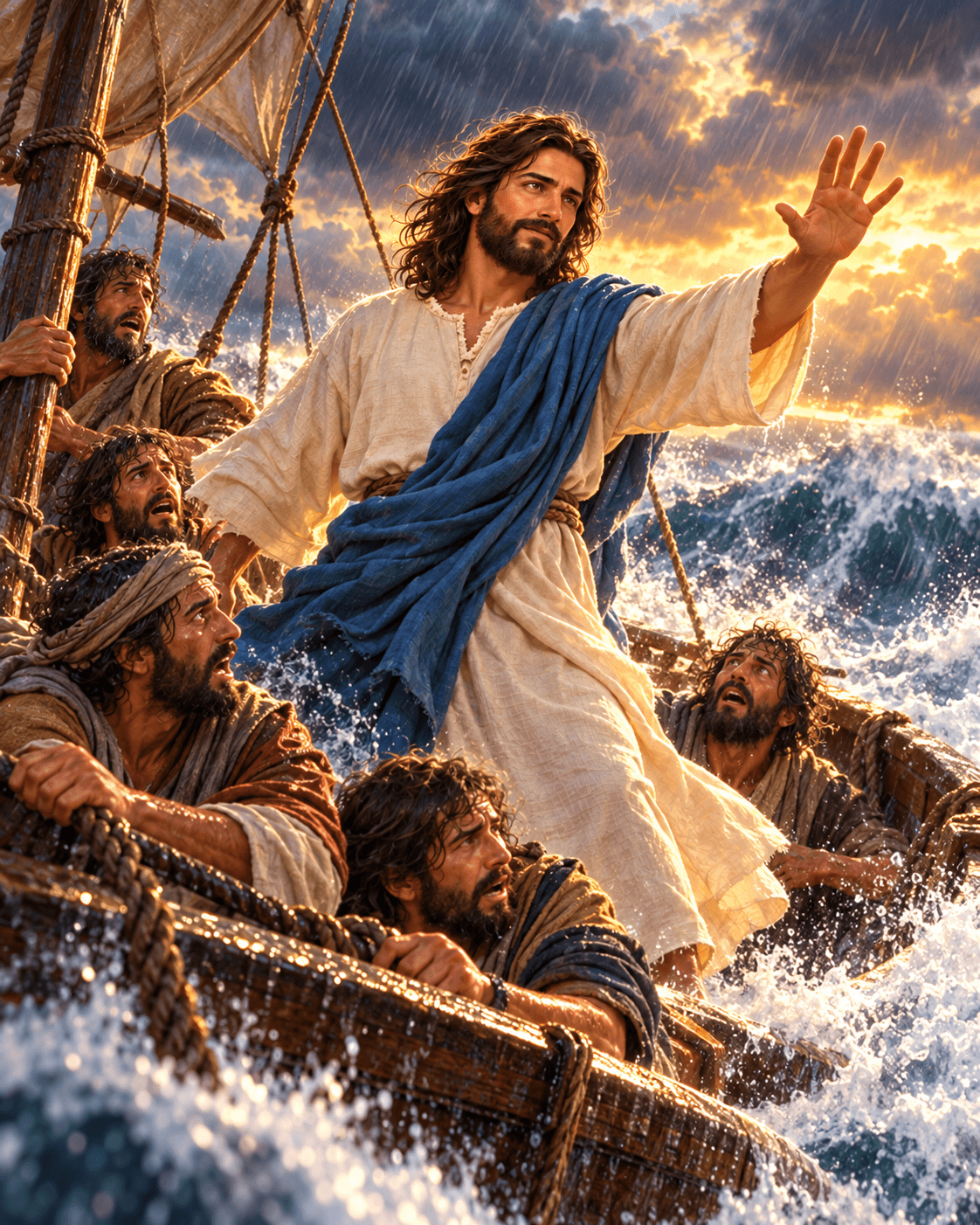 A painting of Jesus calming a storm on the Sea of Galilee