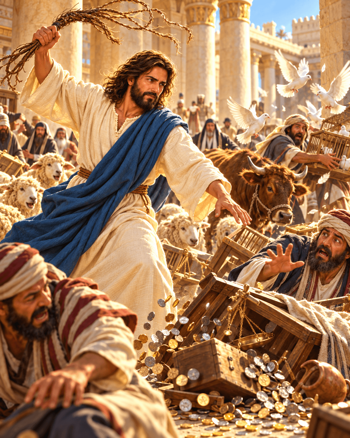 A painting of Jesus clearing the temple courts in Jerusalem
