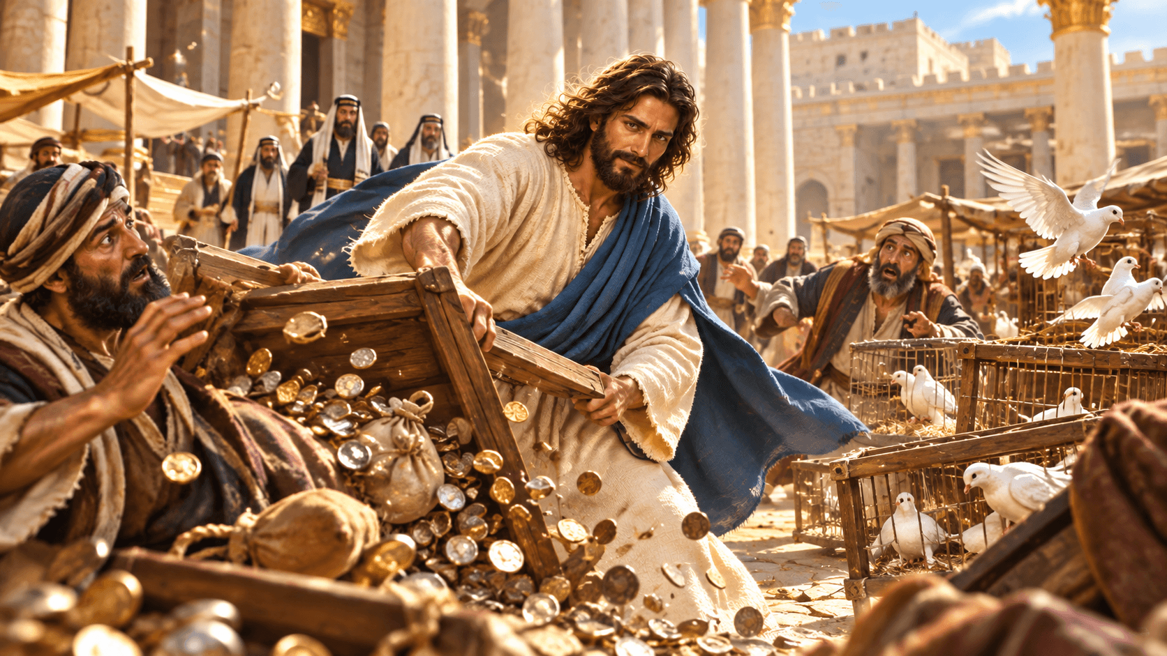 A painting of Jesus clearing the temple in his final week