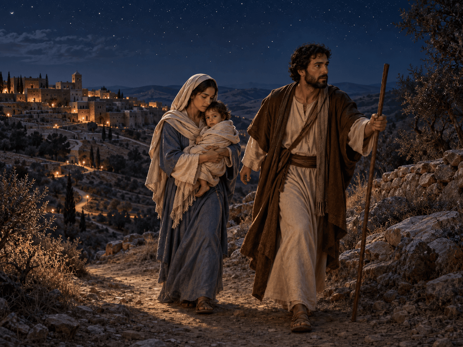A painting of Joseph, Mary and the child Jesus fleeing to Egypt