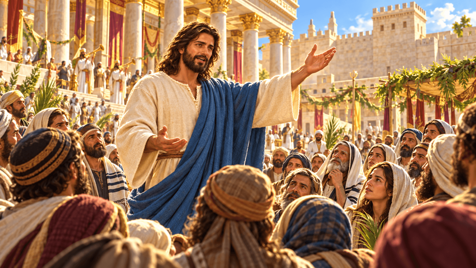 A painting of Jesus at the Feast of Tabernacles in Jerusalem
