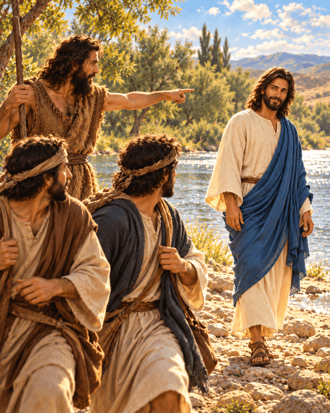 A painting of John the Baptist pointing to Jesus as two of his disciples look on