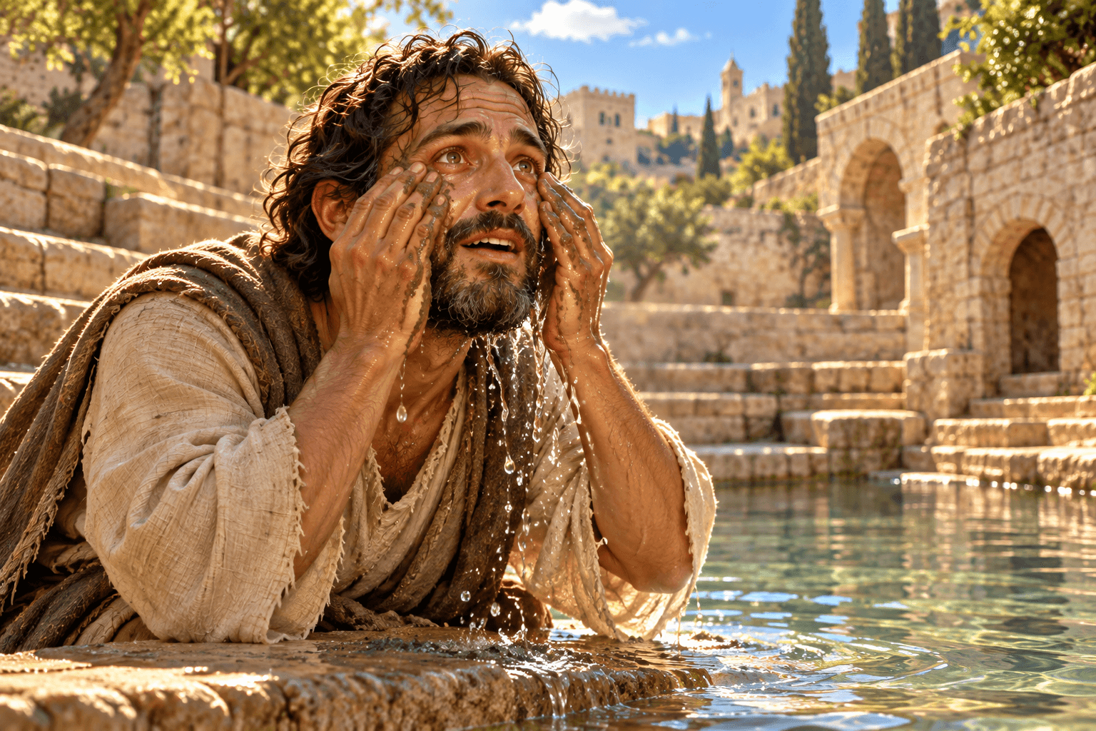 A painting of Jesus healing a man born blind