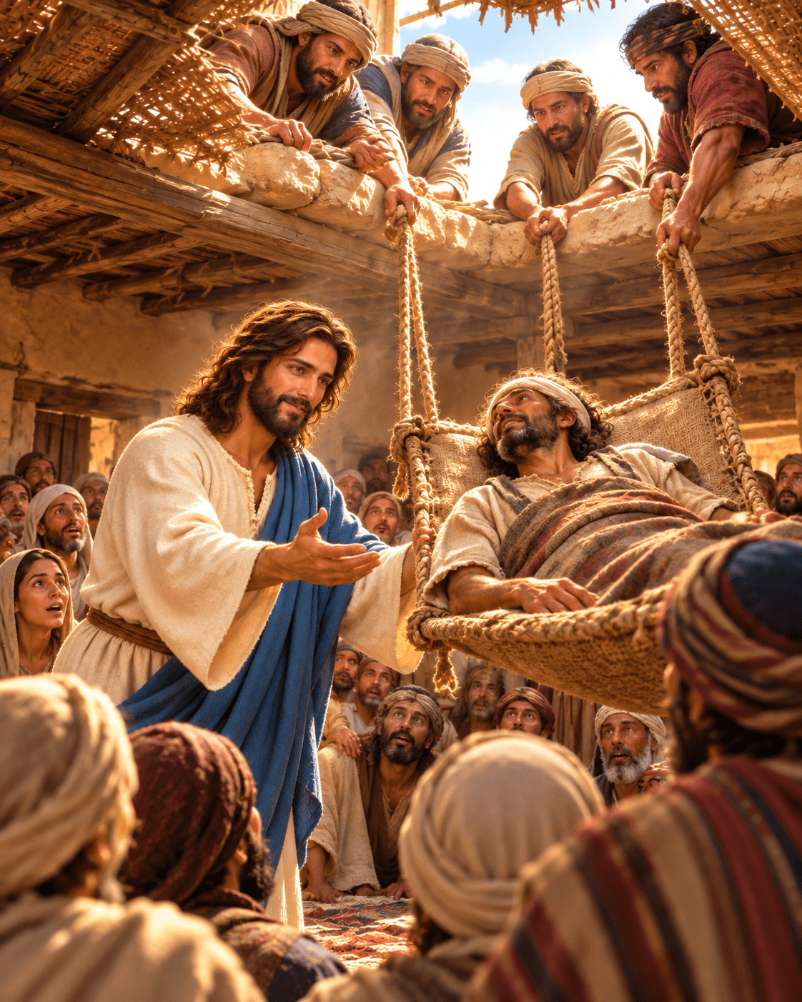 A painting of Jesus healing a paralyzed man