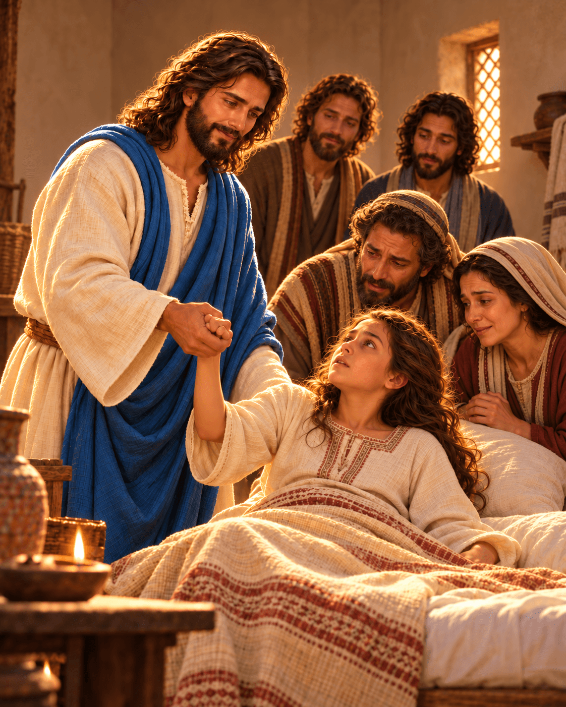 A painting of Jesus raising Jairus' daughter