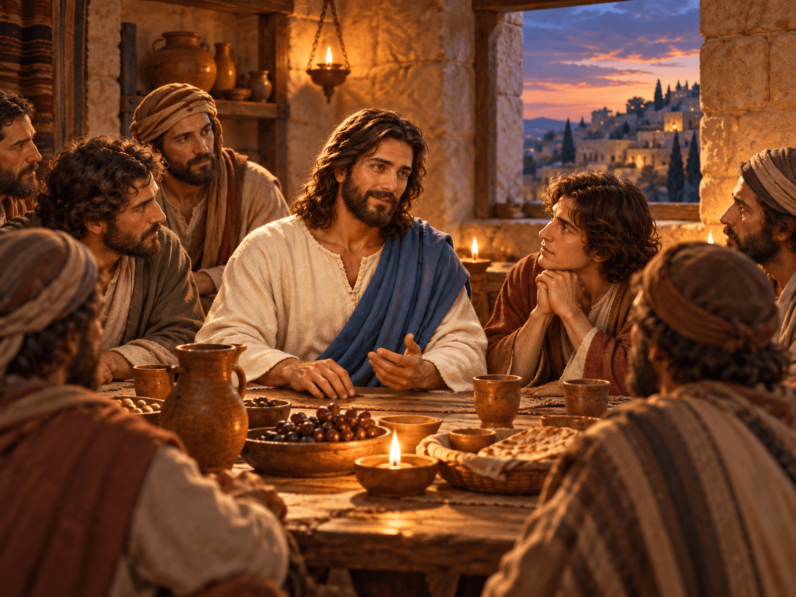 A painting of Jesus comforting his disciples on his last night with them