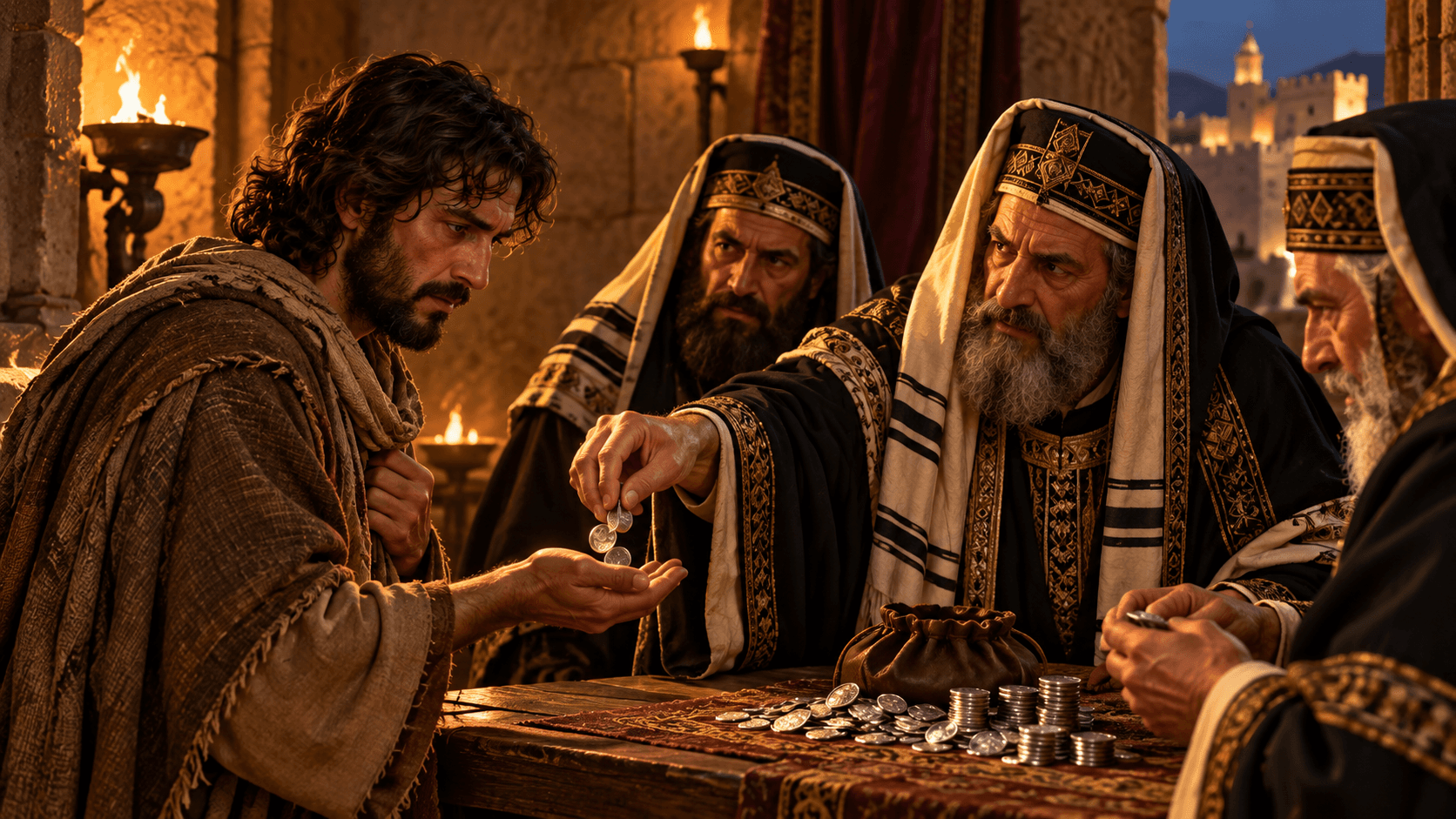 A painting of Judas agreeing to betray Jesus