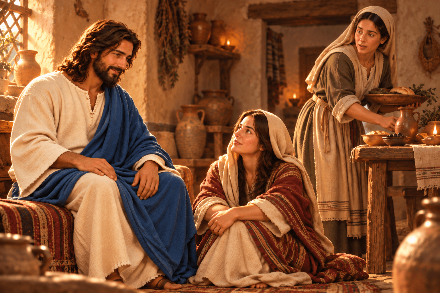 A painting of Jesus in the home of Mary and Martha
